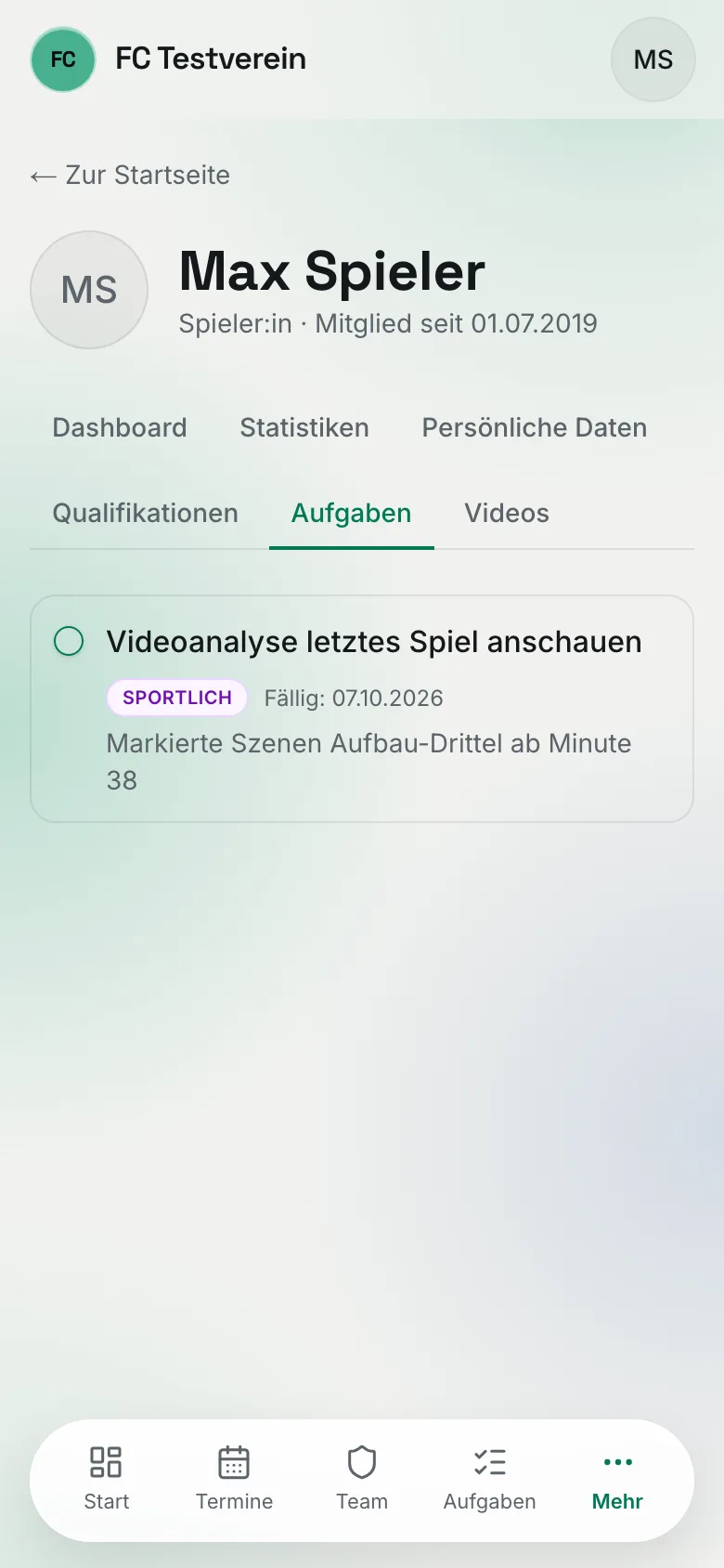 Der Profil-Reiter „Aufgaben“ auf dem Handy mit einer offenen Aufgabe zum Abhaken