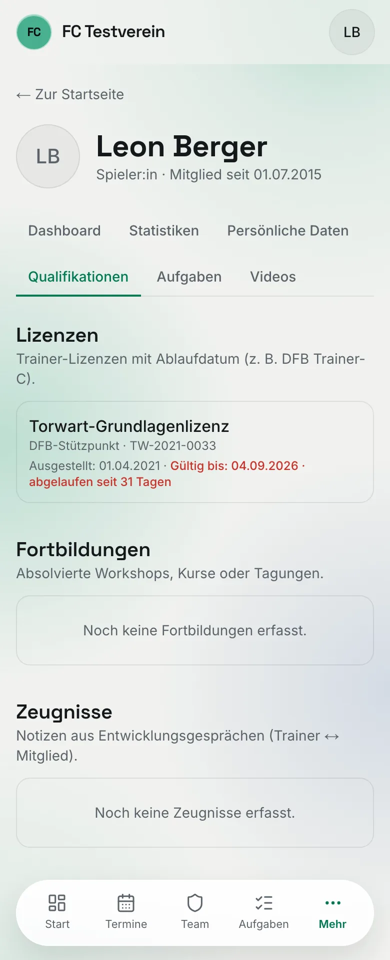Der Reiter „Qualifikationen" mit einer Lizenz