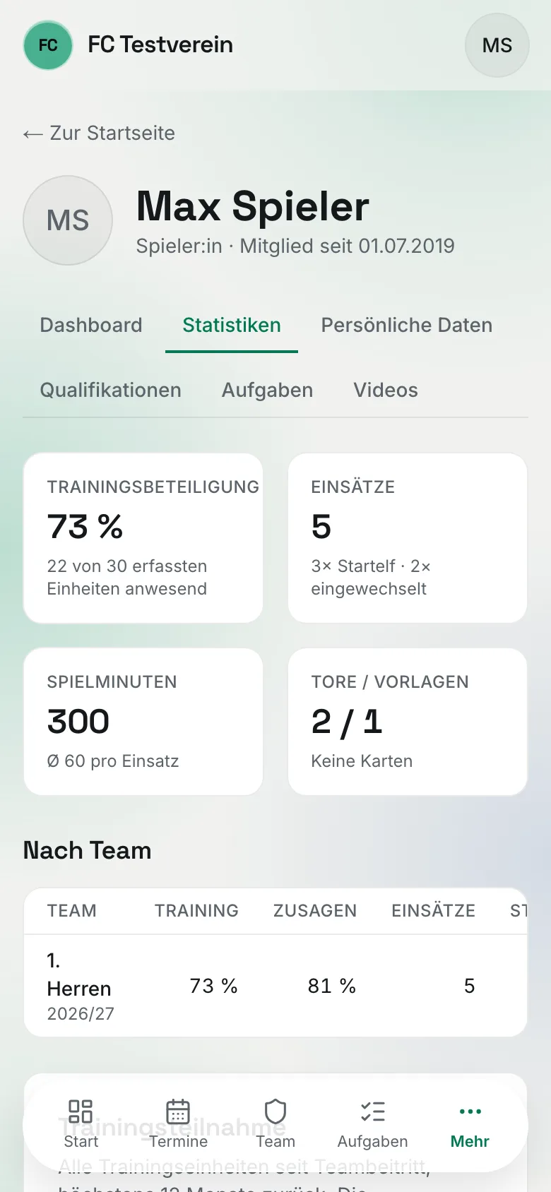 Der Reiter „Statistiken" auf dem Handy