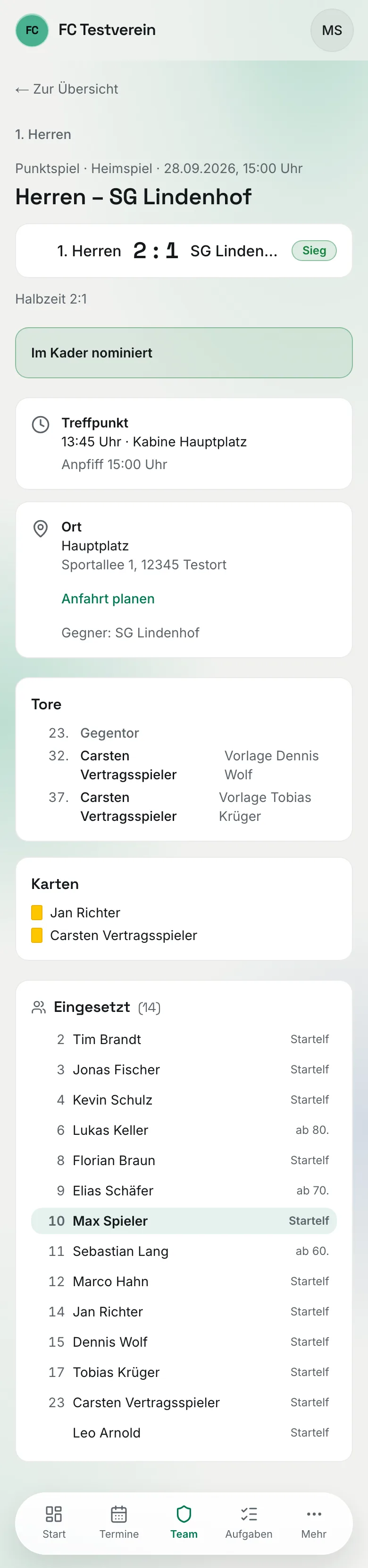 Spieltag nach dem Spiel: Endstand, Tore mit Minute und Vorlage, Karten und die Liste „Eingesetzt"