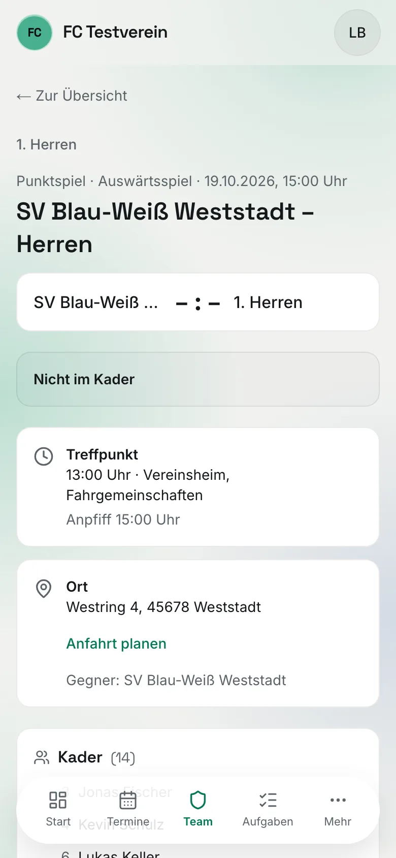 Spieltag eines nicht nominierten Spielers: grauer Hinweis „Nicht im Kader"