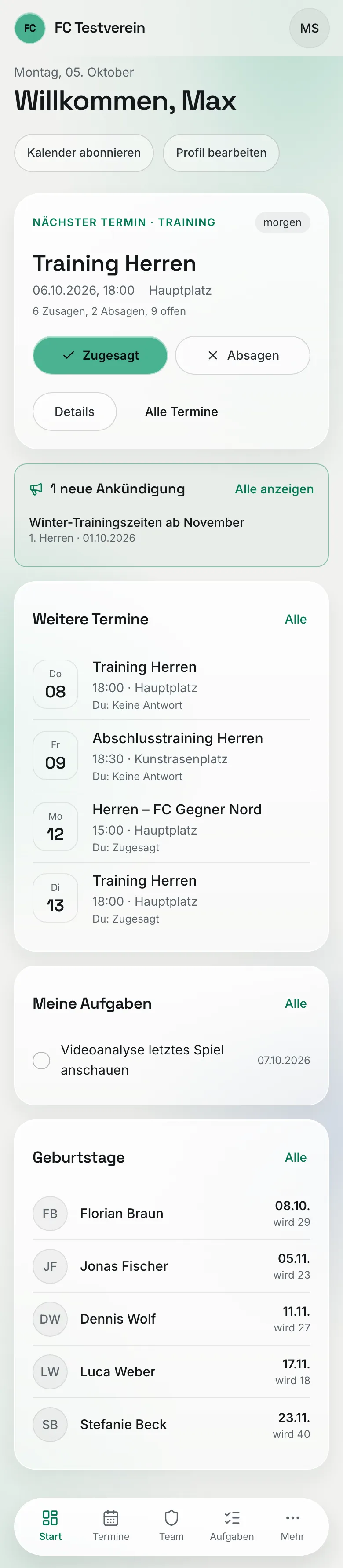 Die Start-Seite einer Spielerin oder eines Spielers auf dem Handy: nächster Termin mit Zusagen/Absagen, neue Ankündigung, weitere Termine und Aufgaben