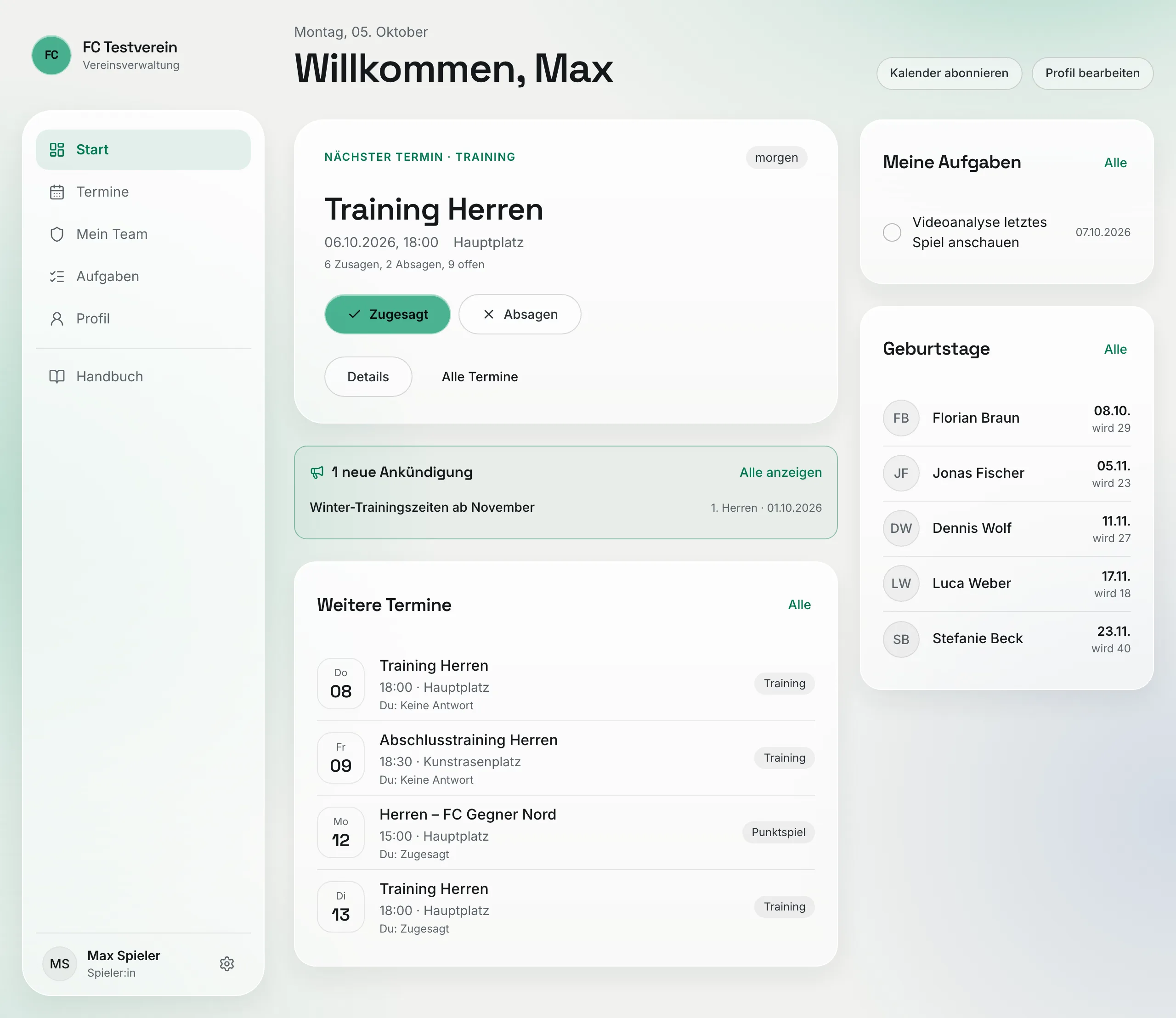 Die Start-Seite am Computer: links nächster Termin, Ankündigung und weitere Termine, rechts Aufgaben und Geburtstage