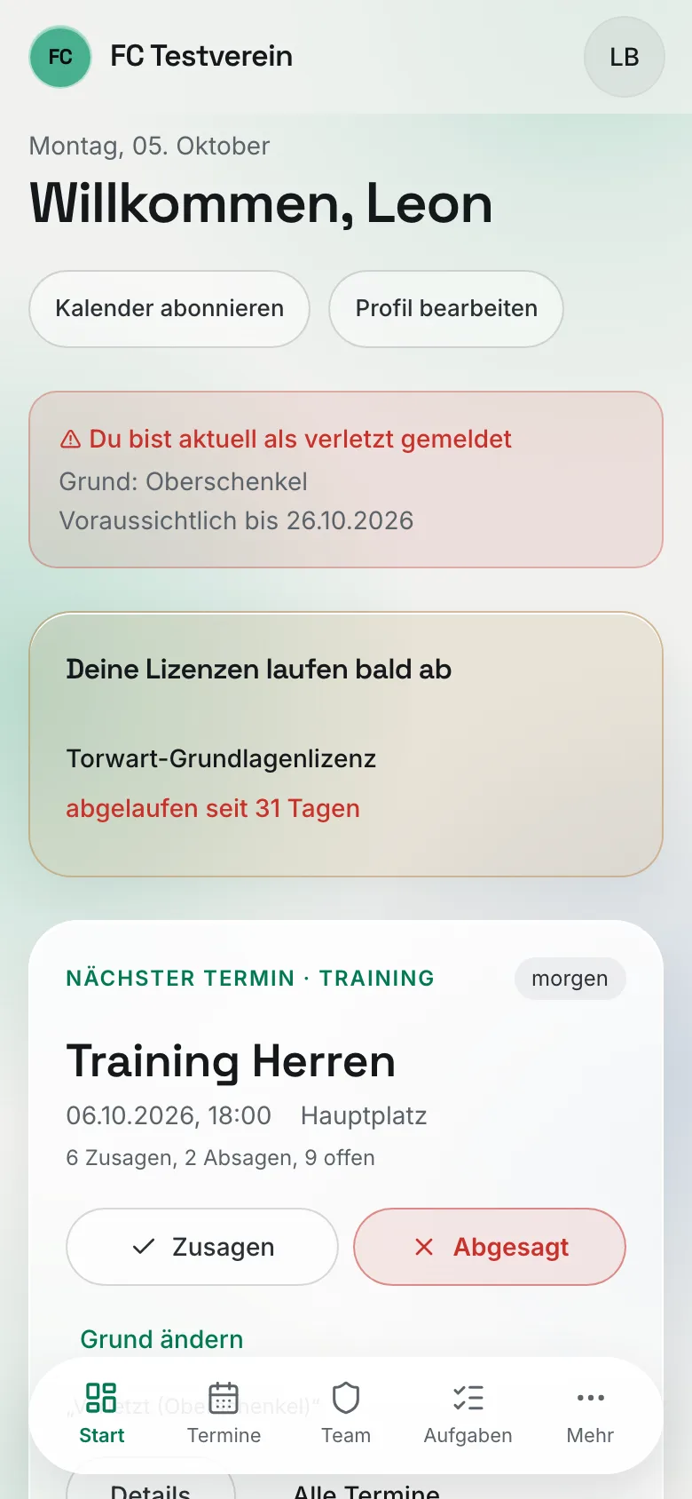 Start-Seite von Leon: roter Hinweis „Du bist aktuell als verletzt gemeldet" mit Grund und Datum, darunter der Hinweis auf eine abgelaufene Lizenz