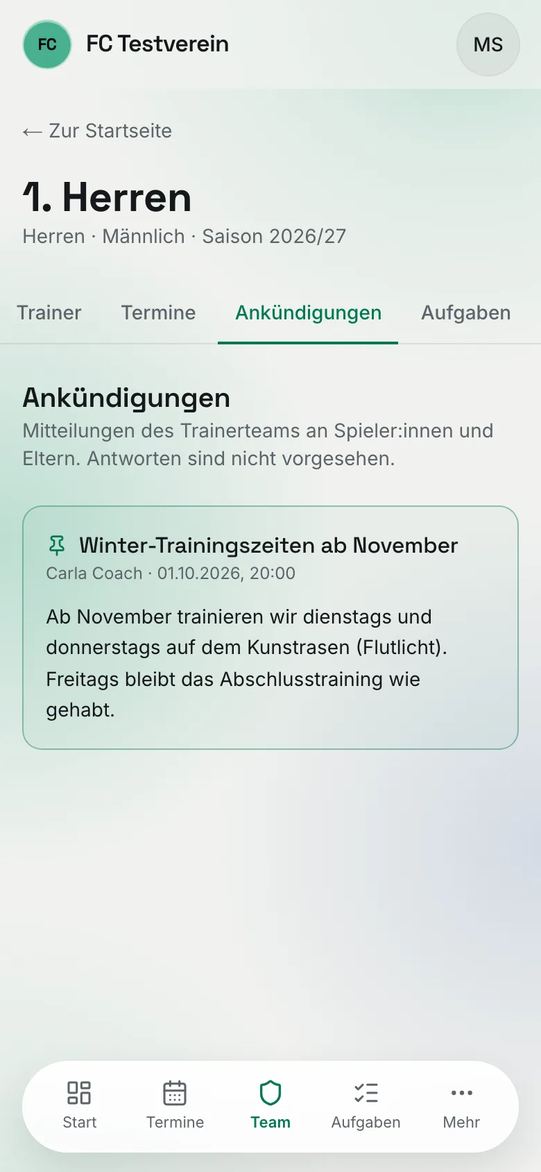Der Team-Reiter „Ankündigungen" auf dem Handy