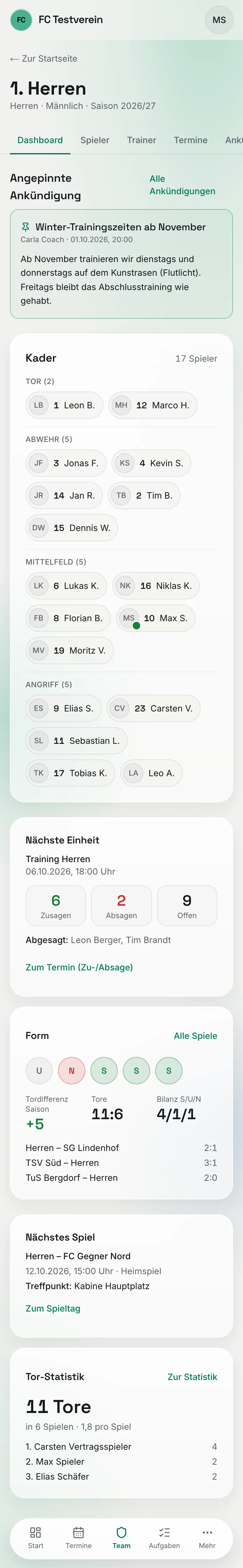 Das Team-Dashboard auf dem Handy: angepinnte Ankündigung, Kader nach Mannschaftsteilen, nächste Einheit, Form, nächstes Spiel und Tor-Statistik