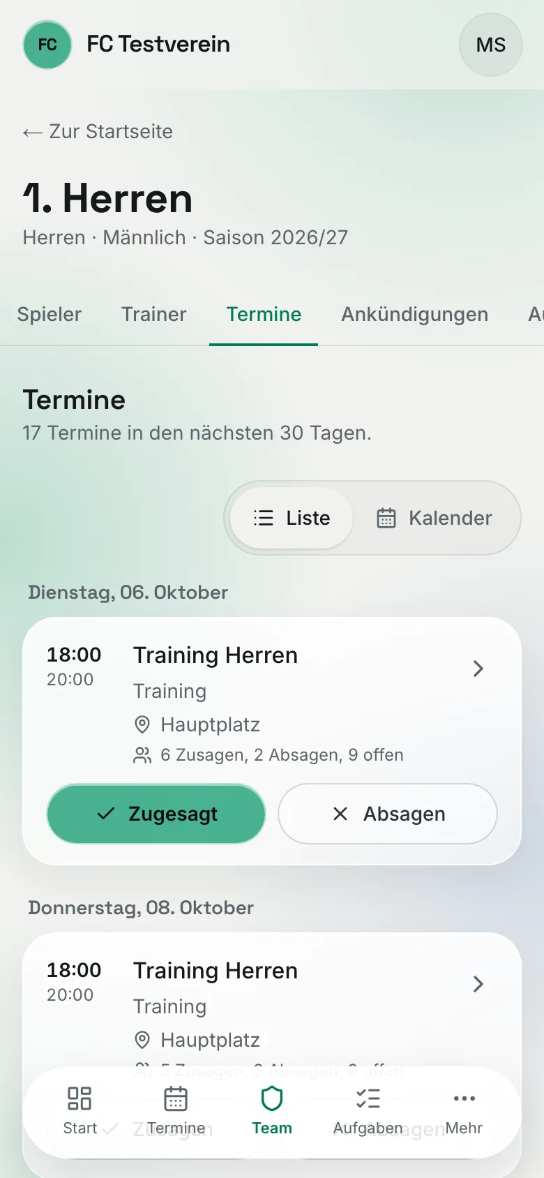 Der Team-Reiter „Termine" auf dem Handy