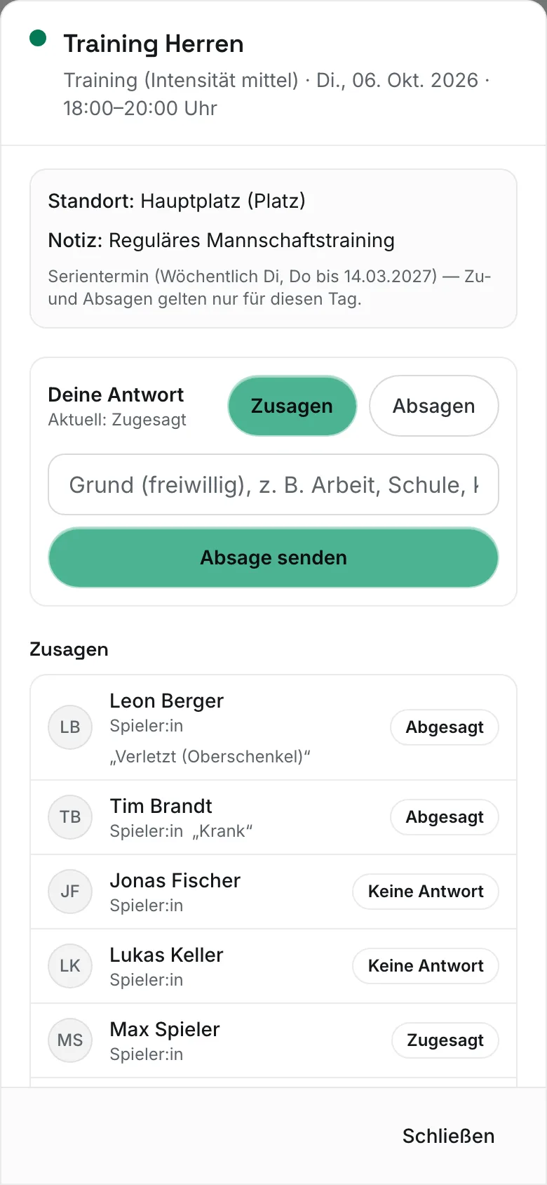 Termin-Details mit geöffnetem Feld „Grund (freiwillig), z. B. Arbeit, Schule, krank" und dem Button „Absage senden"