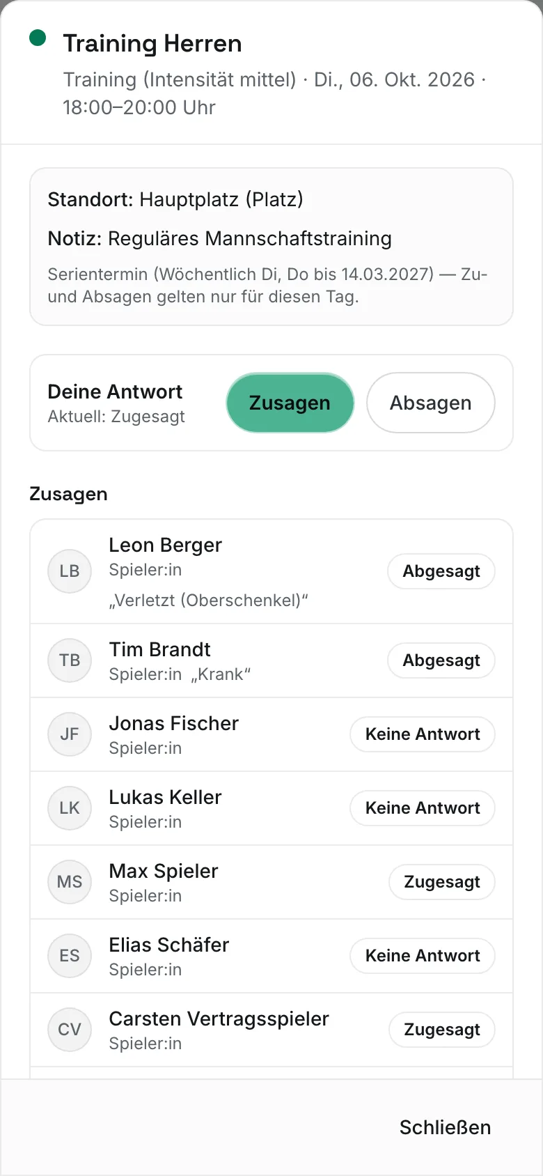 Termin-Details auf dem Handy: Art, Datum und Uhrzeit, Standort, der Kasten „Deine Antwort" mit „Zusagen" und „Absagen" und darunter die Liste „Zusagen" des Teams