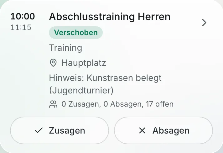 Ein verschobenes Training mit dem Hinweis „Verschoben" und dem Grund