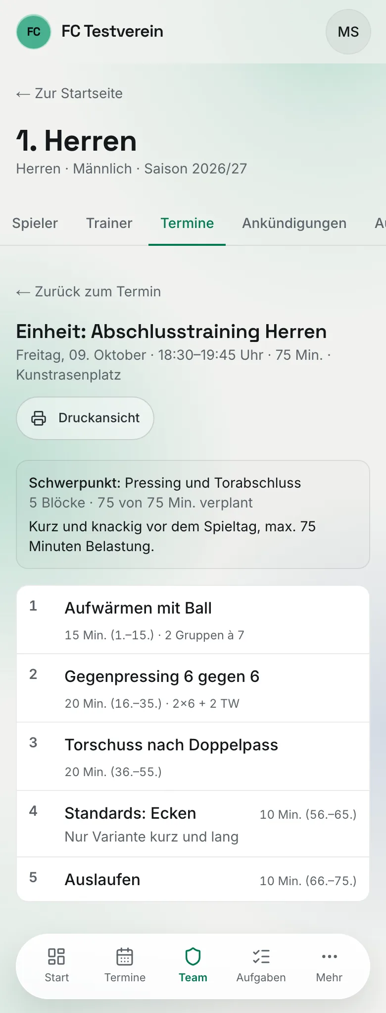 Ein freigegebener Trainingsplan auf dem Handy: Schwerpunkt, Anzahl Blöcke und verplante Minuten, darunter die nummerierten Übungen mit Dauer