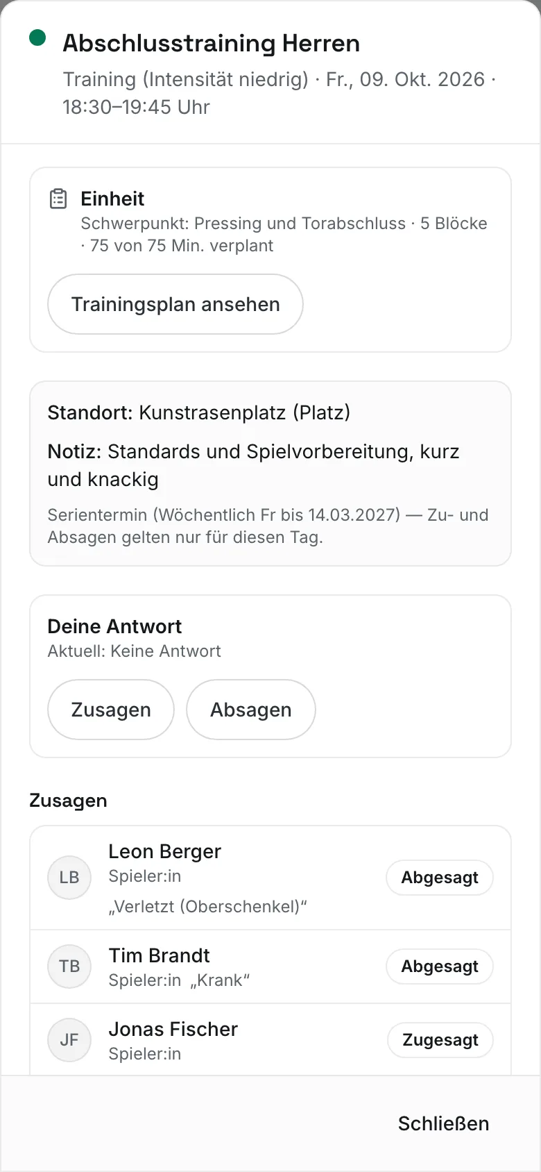 Termin-Details eines Trainings mit dem Kasten „Einheit" und dem Button „Trainingsplan ansehen"
