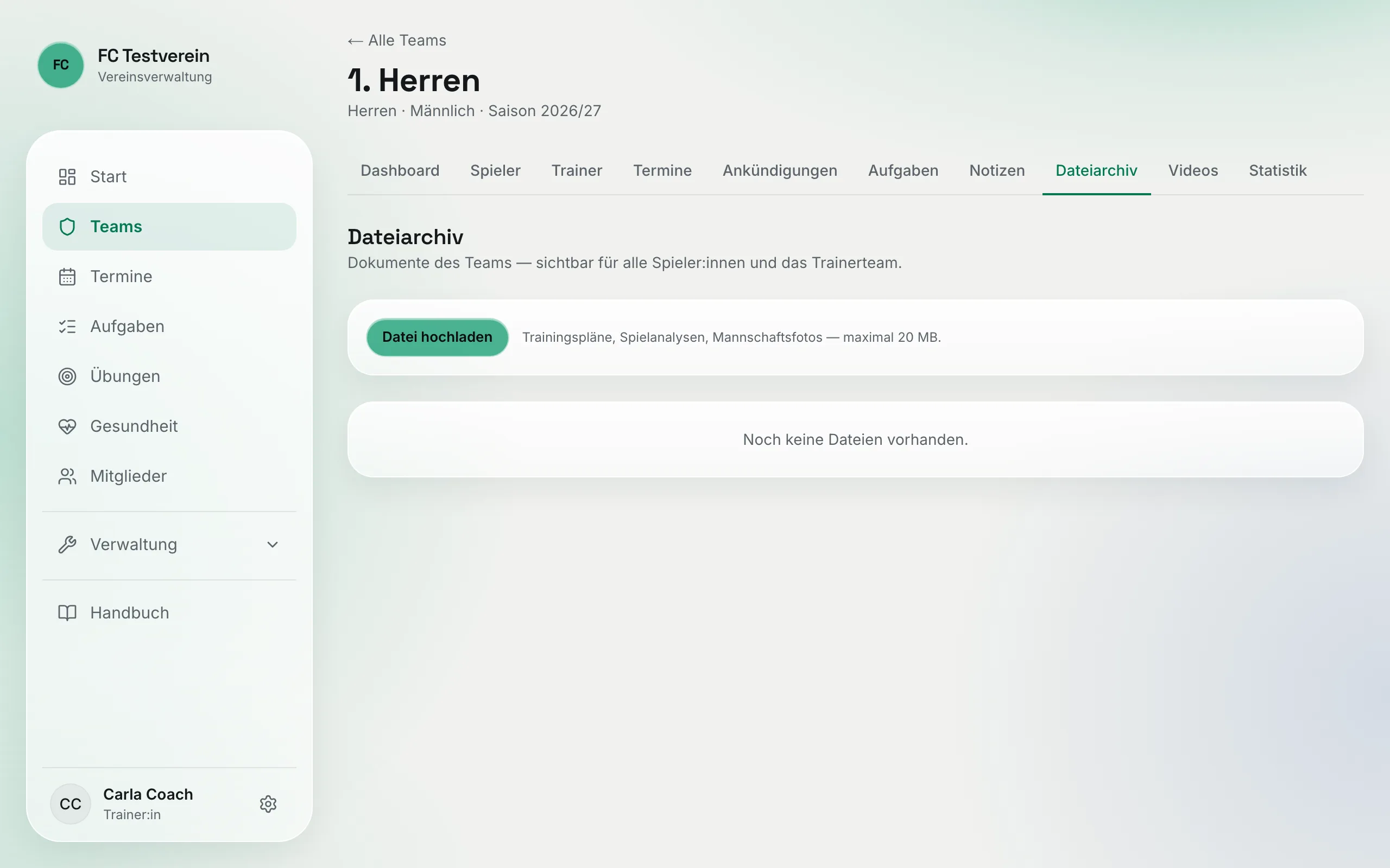 Reiter „Dateiarchiv“ mit dem Button „Datei hochladen“ und dem Hinweis auf maximal 20 MB