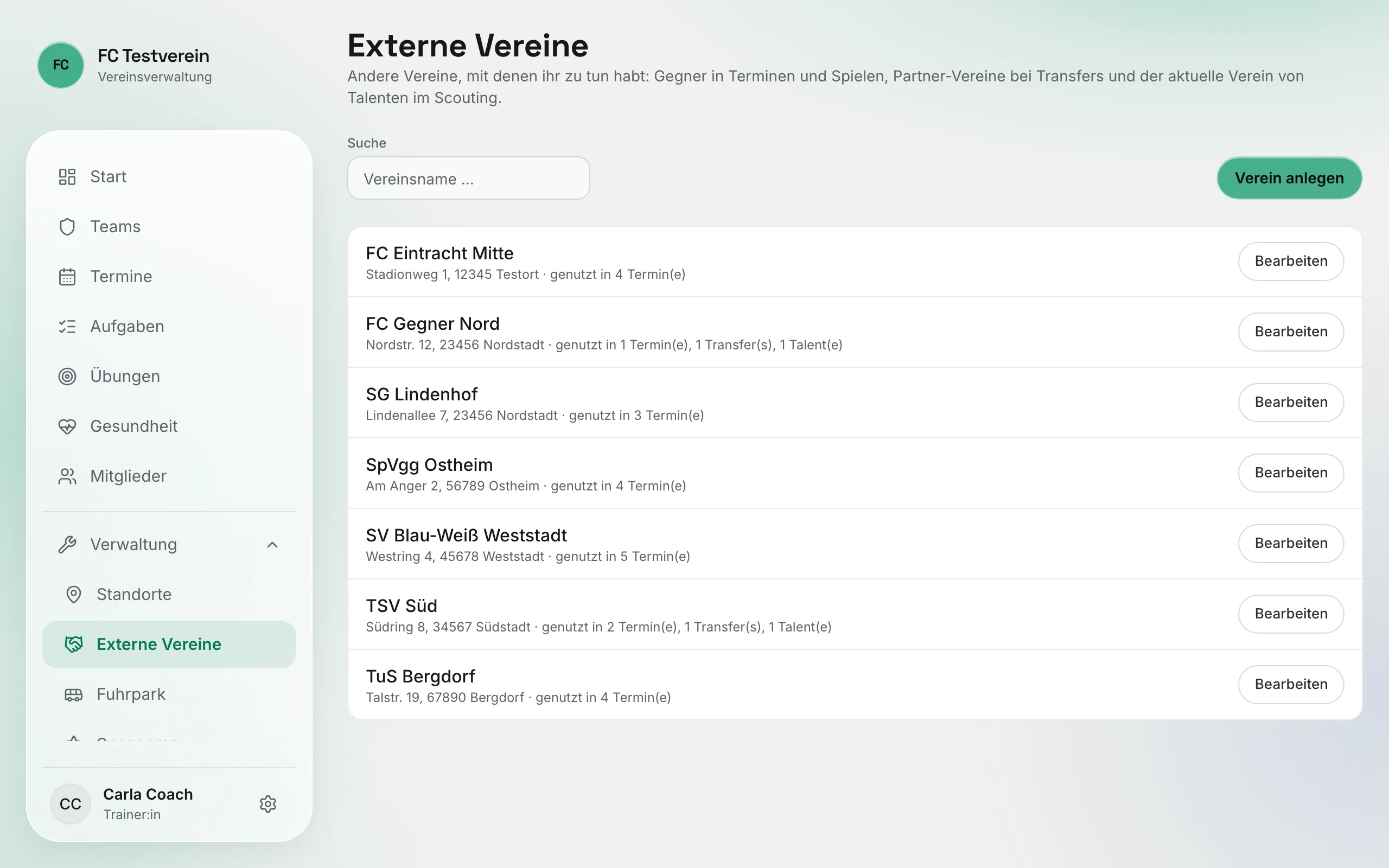 Seite „Externe Vereine“ mit Suche, dem Button „Verein anlegen“ und der Liste der Vereine mit Adresse und Nutzung