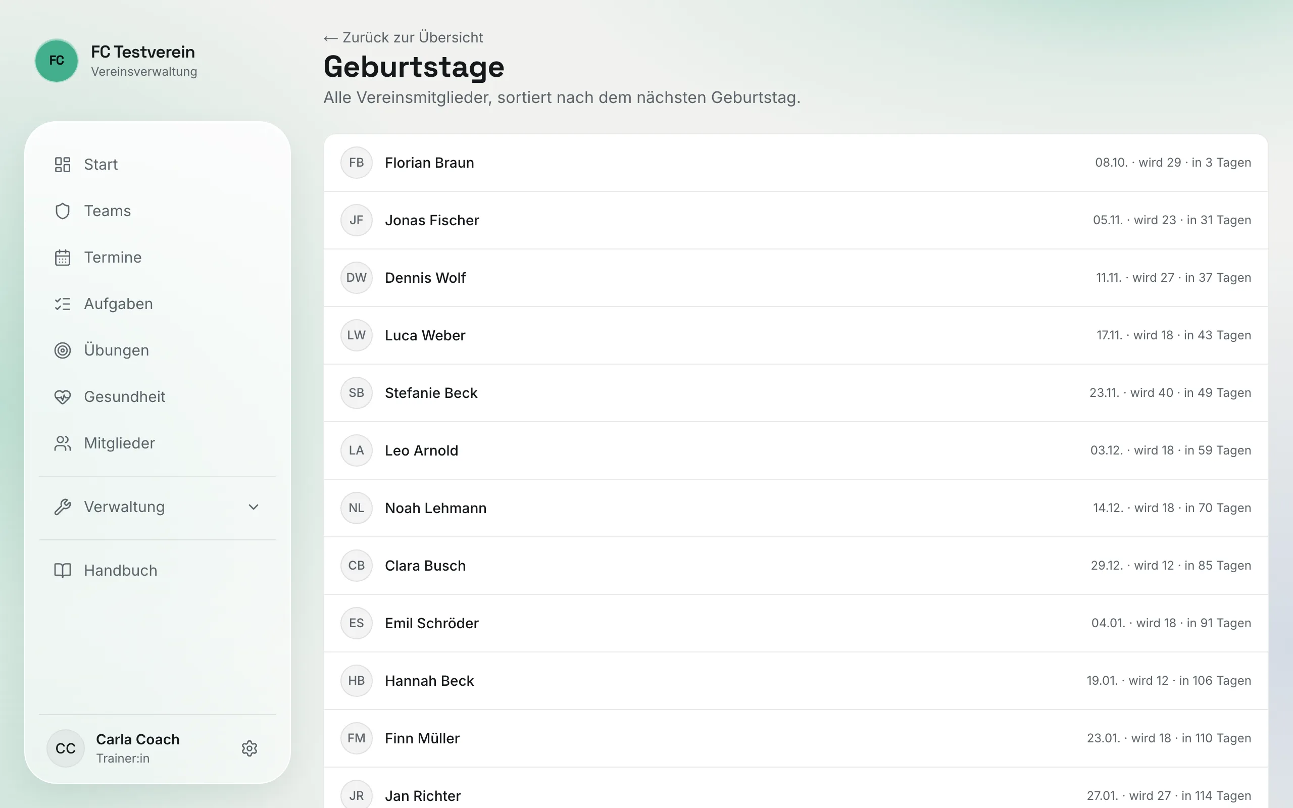 Seite „Geburtstage“ mit allen Vereinsmitgliedern, sortiert nach dem nächsten Geburtstag