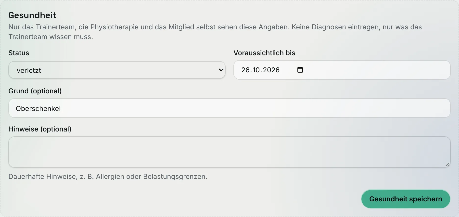 Abschnitt „Gesundheit“ im Profil mit Status, Voraussichtlich bis, Grund und Hinweisen
