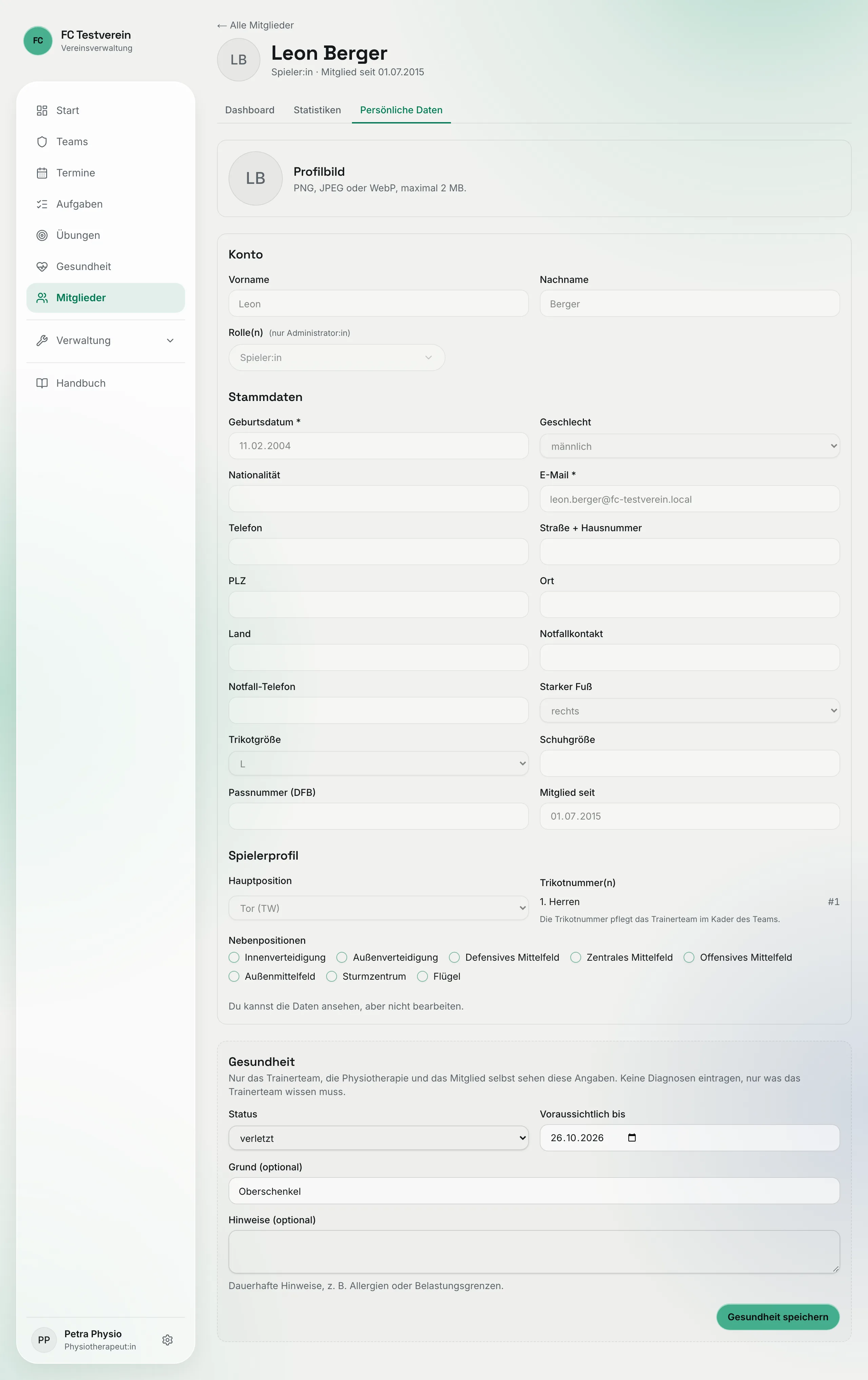 Profil eines verletzten Spielers aus Sicht der Physio: Reiter Dashboard, Statistiken und Persönliche Daten, ausgegraute Stammdaten und der bearbeitbare Abschnitt „Gesundheit“