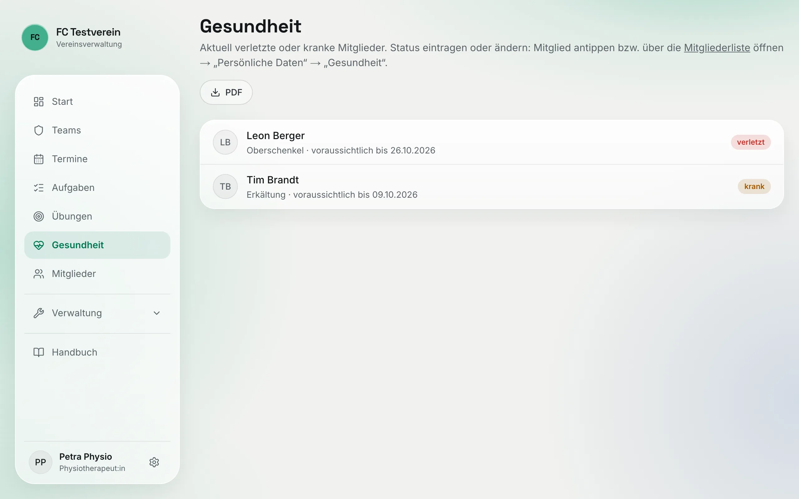 Seite „Gesundheit“ aus Sicht der Physio mit allen verletzten und kranken Mitgliedern und dem Button „PDF“