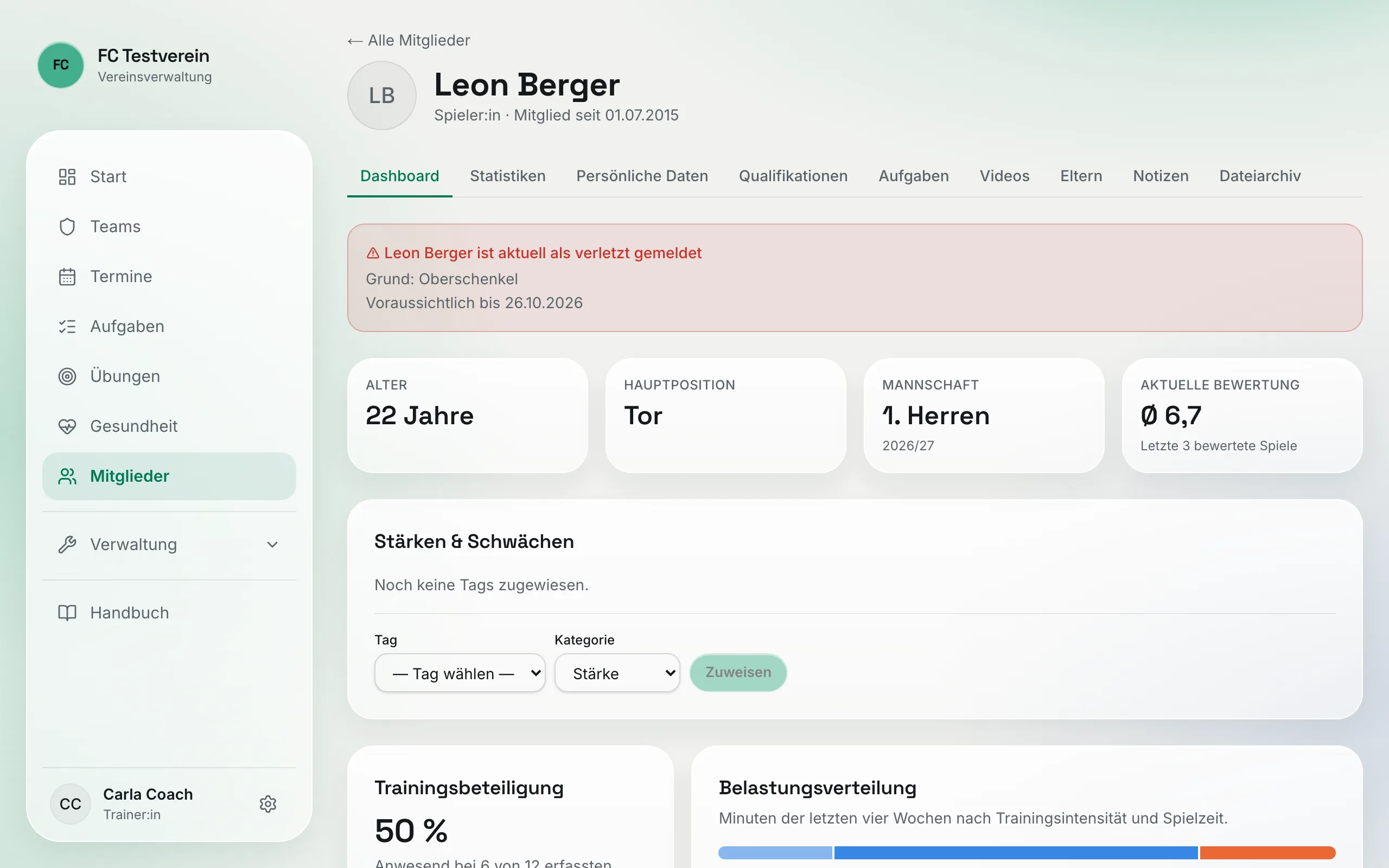 Profil-Dashboard eines verletzten Torwarts mit Warnkasten „ist aktuell als verletzt gemeldet“