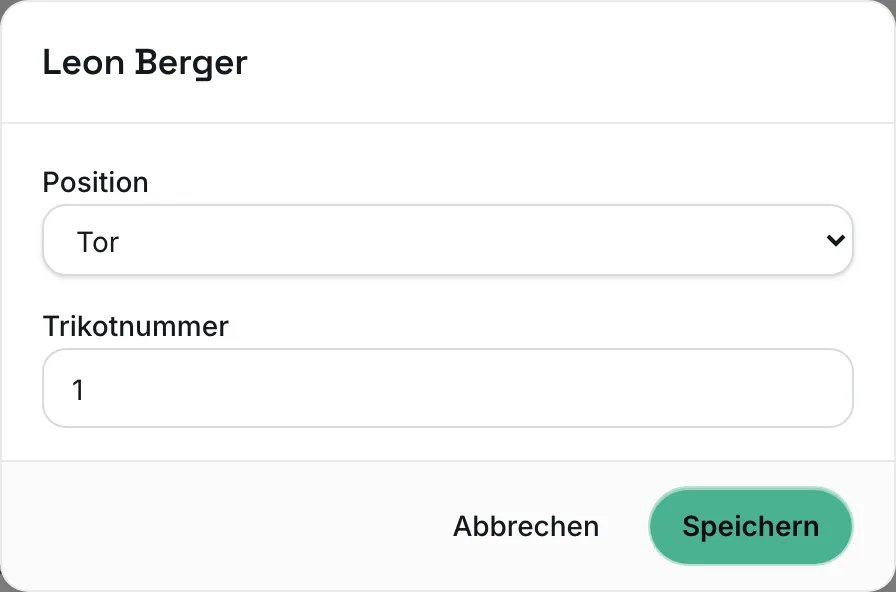 Dialog „Position / Trikotnummer“ für einen Spieler mit Auswahlfeld Position und Feld Trikotnummer