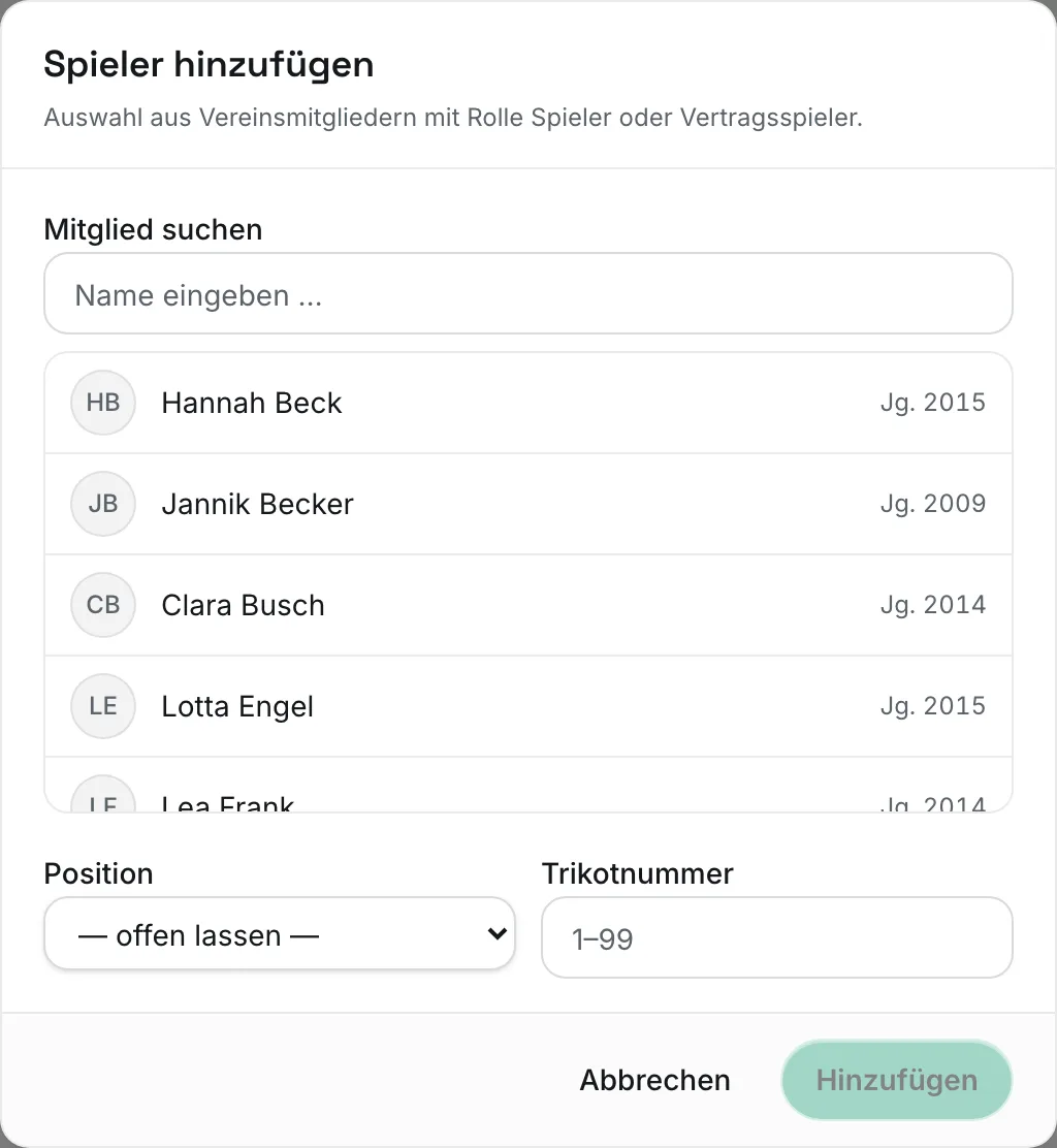 Dialog „Spieler hinzufügen“ mit Mitgliedersuche, Jahrgang, Position und Trikotnummer