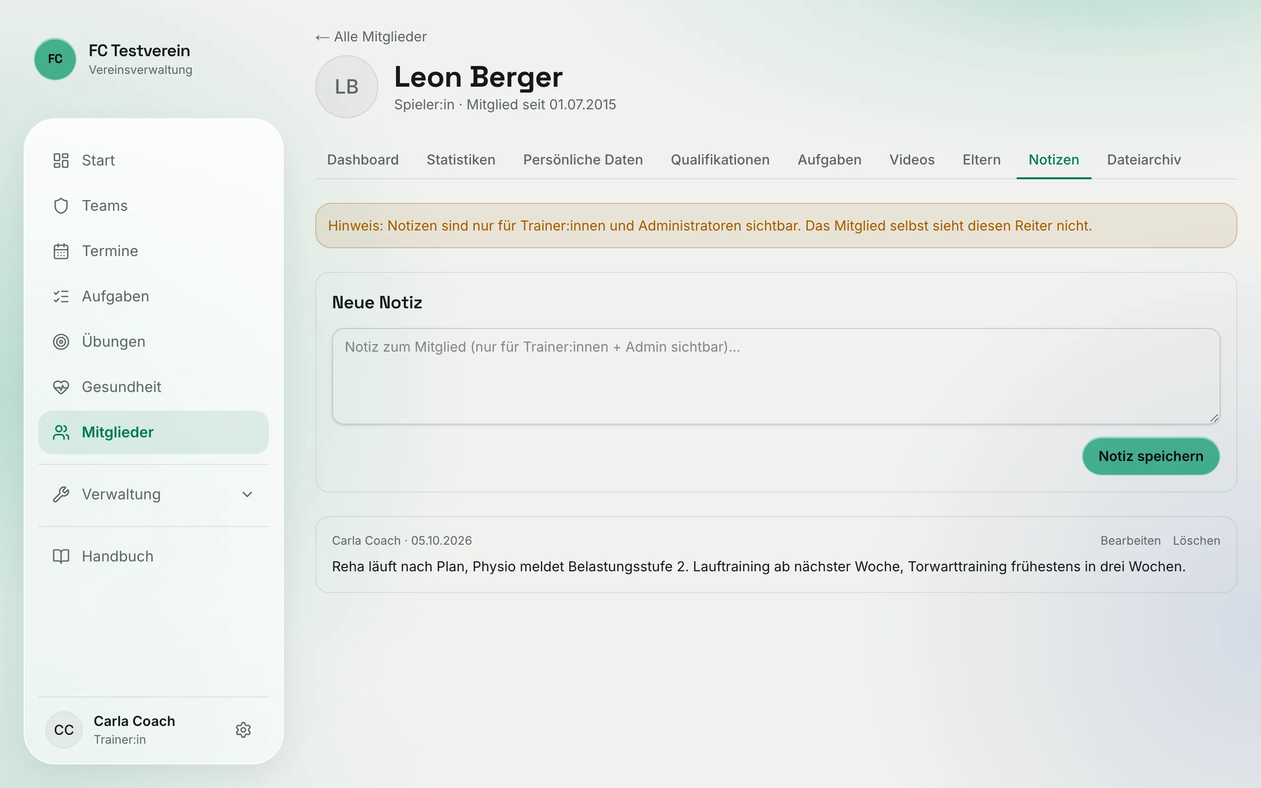 Profil-Reiter „Notizen“ von Leon Berger mit Notiz zum Reha-Stand