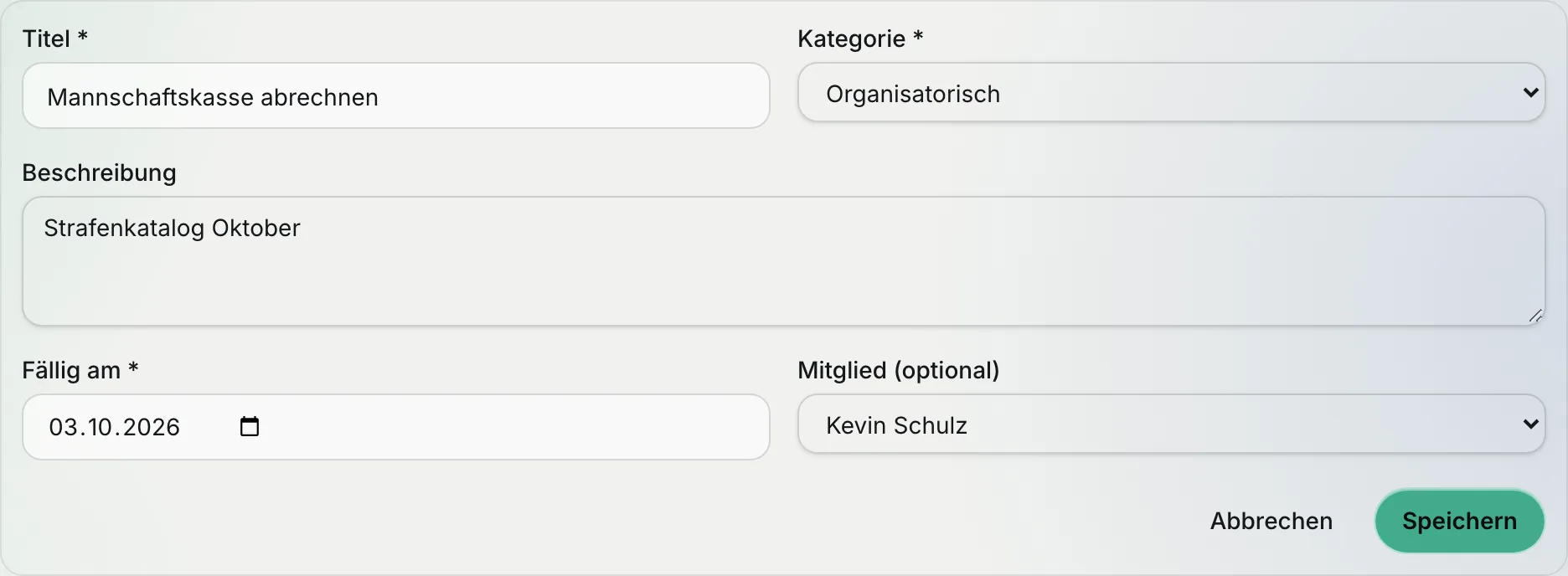 Team-Aufgabe im Bearbeiten-Modus mit Titel, Kategorie, Beschreibung, Fälligkeit, Mitglied und den Buttons „Abbrechen“ und „Speichern“