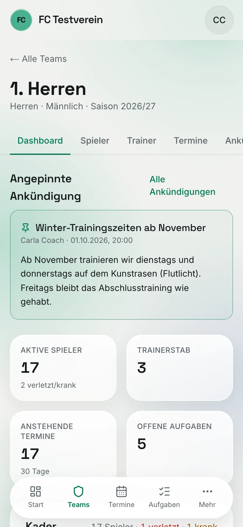 Team-Dashboard auf dem Smartphone mit angepinnter Ankündigung und Kennzahlen