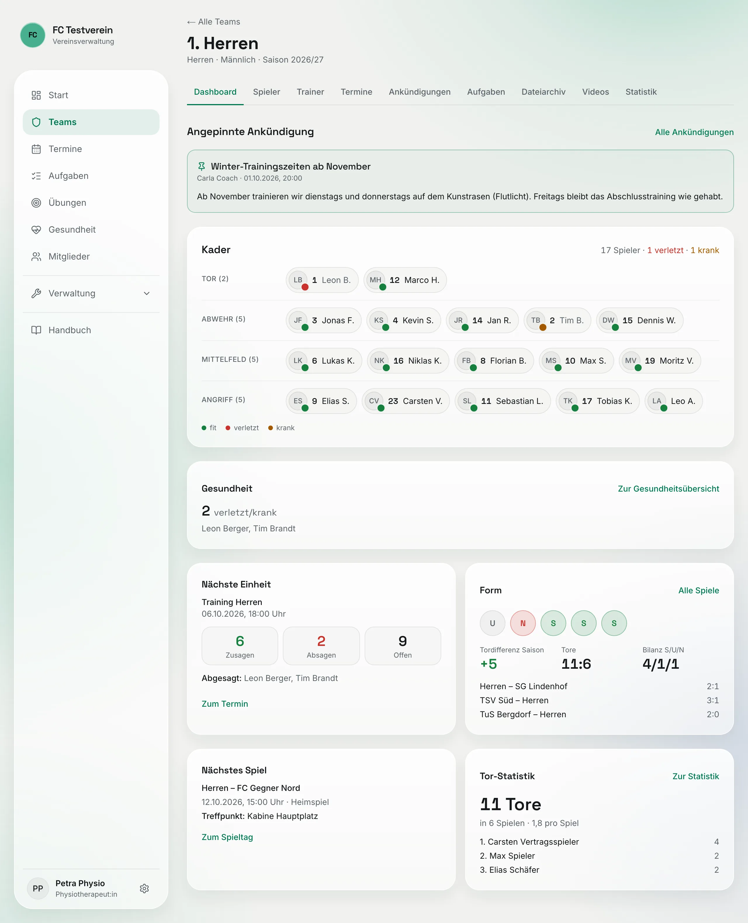 Team-Dashboard aus Sicht der Physio mit Kader und der Kachel „Gesundheit“