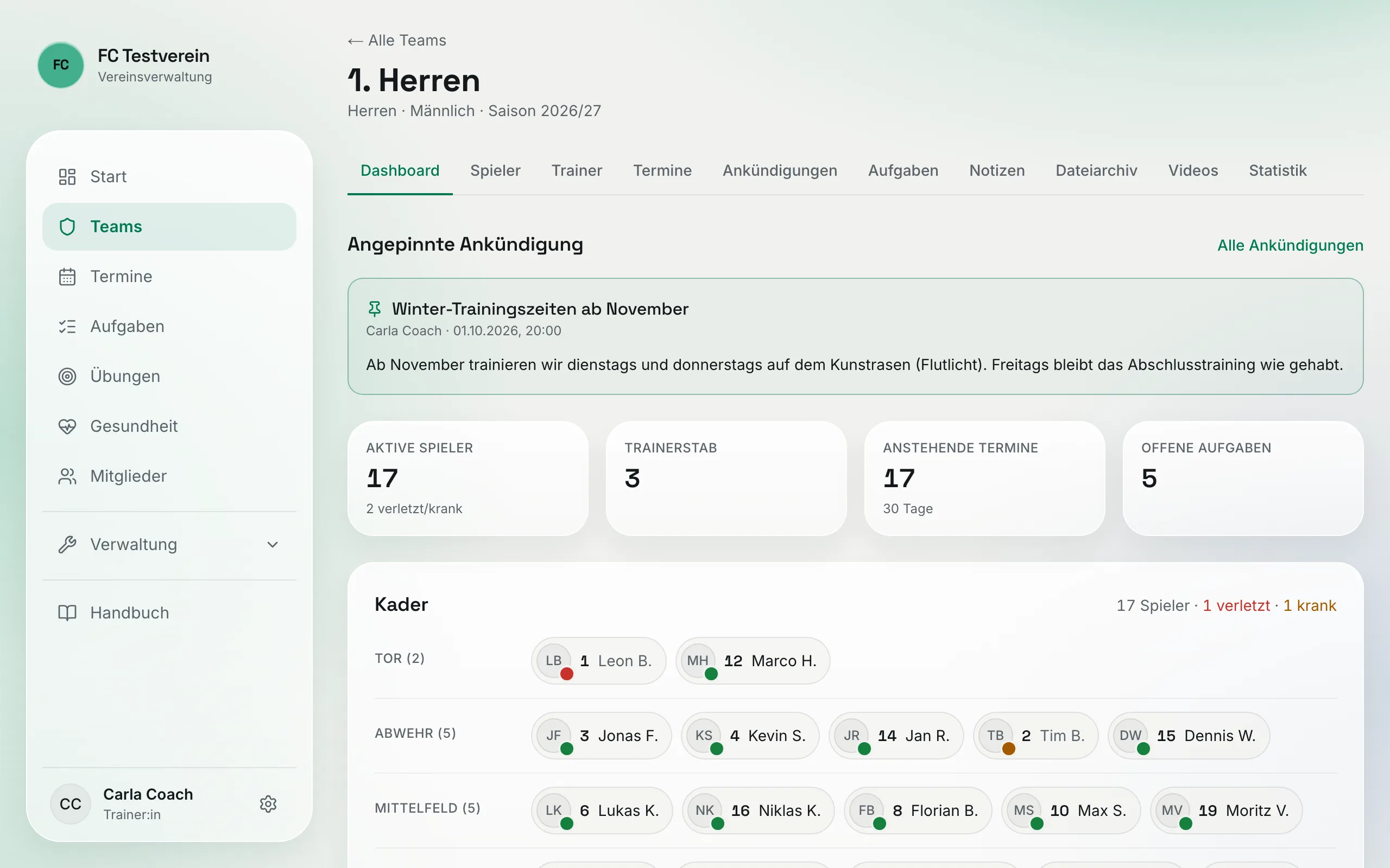 Kopf des Teams „1. Herren“ mit Altersklasse, Geschlecht, Saison und der Reiter-Leiste