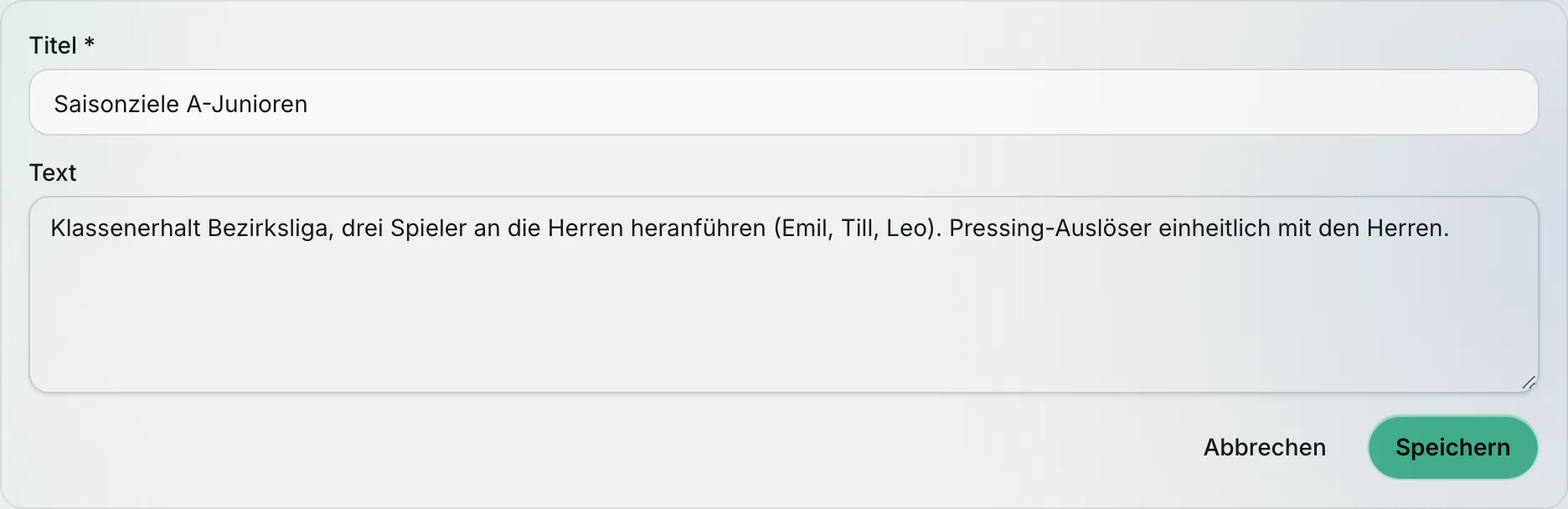 Team-Notiz im Bearbeiten-Modus mit Titel, Text und den Buttons „Abbrechen“ und „Speichern“
