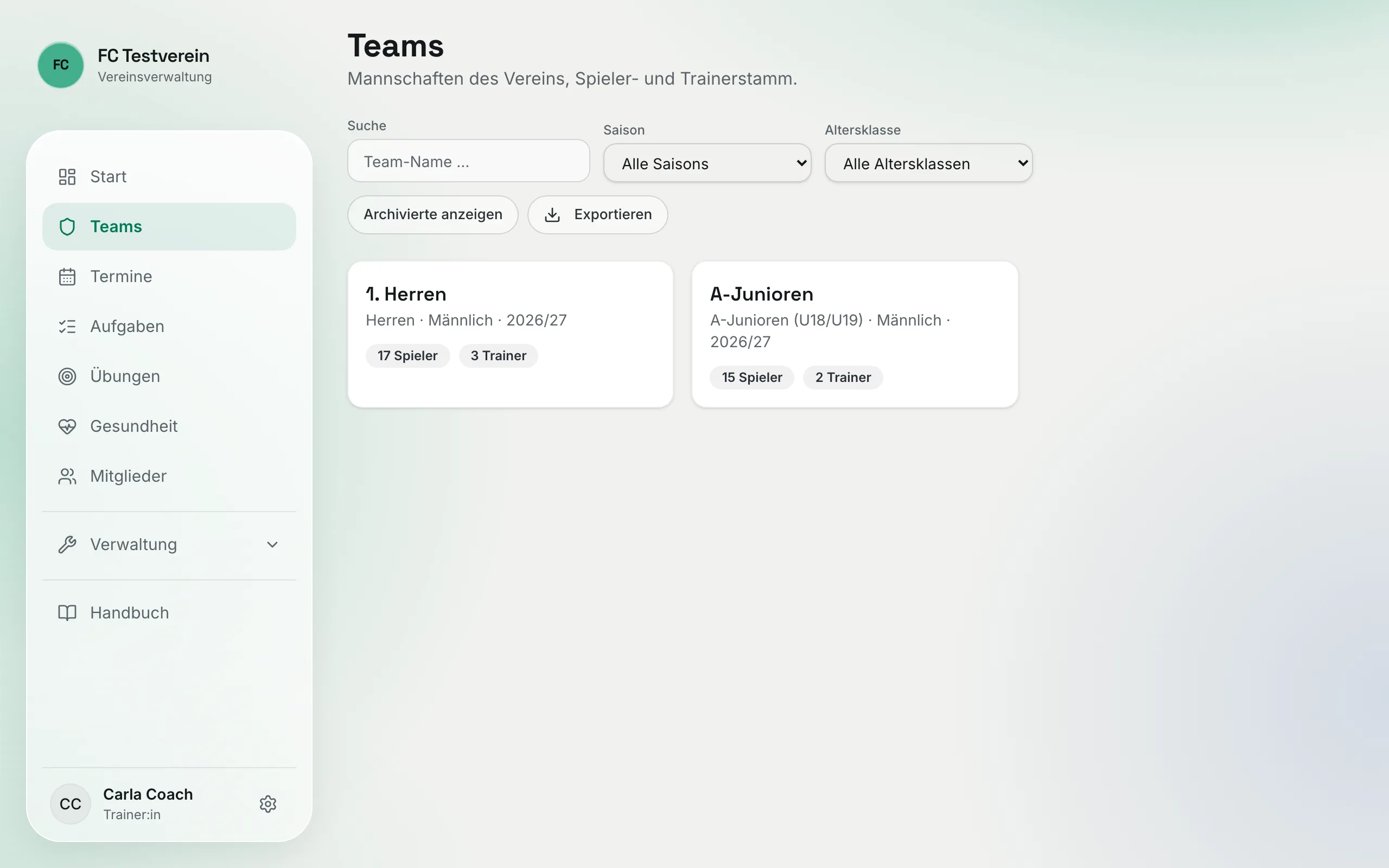 Teams-Übersicht mit Suche, Saison- und Altersklassen-Filter und den Teams der Trainerin