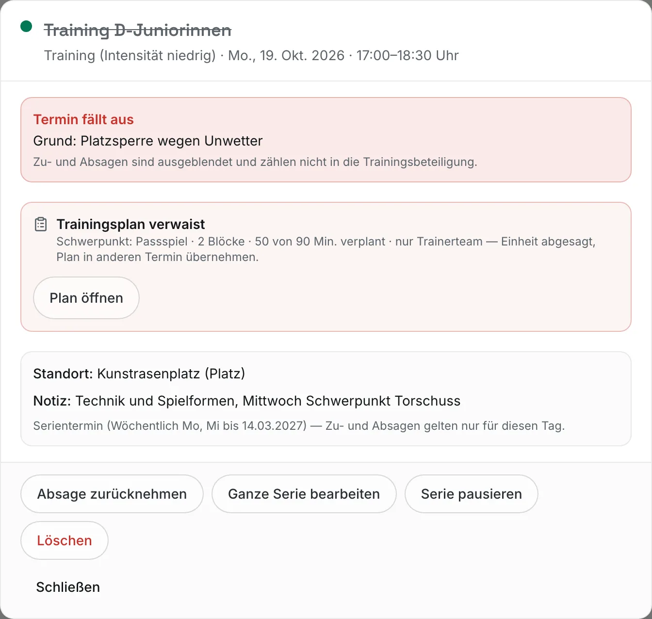 Abgesagter Termin der D-Juniorinnen mit dem Hinweis „Termin fällt aus“ und Grund „Platzsperre wegen Unwetter“