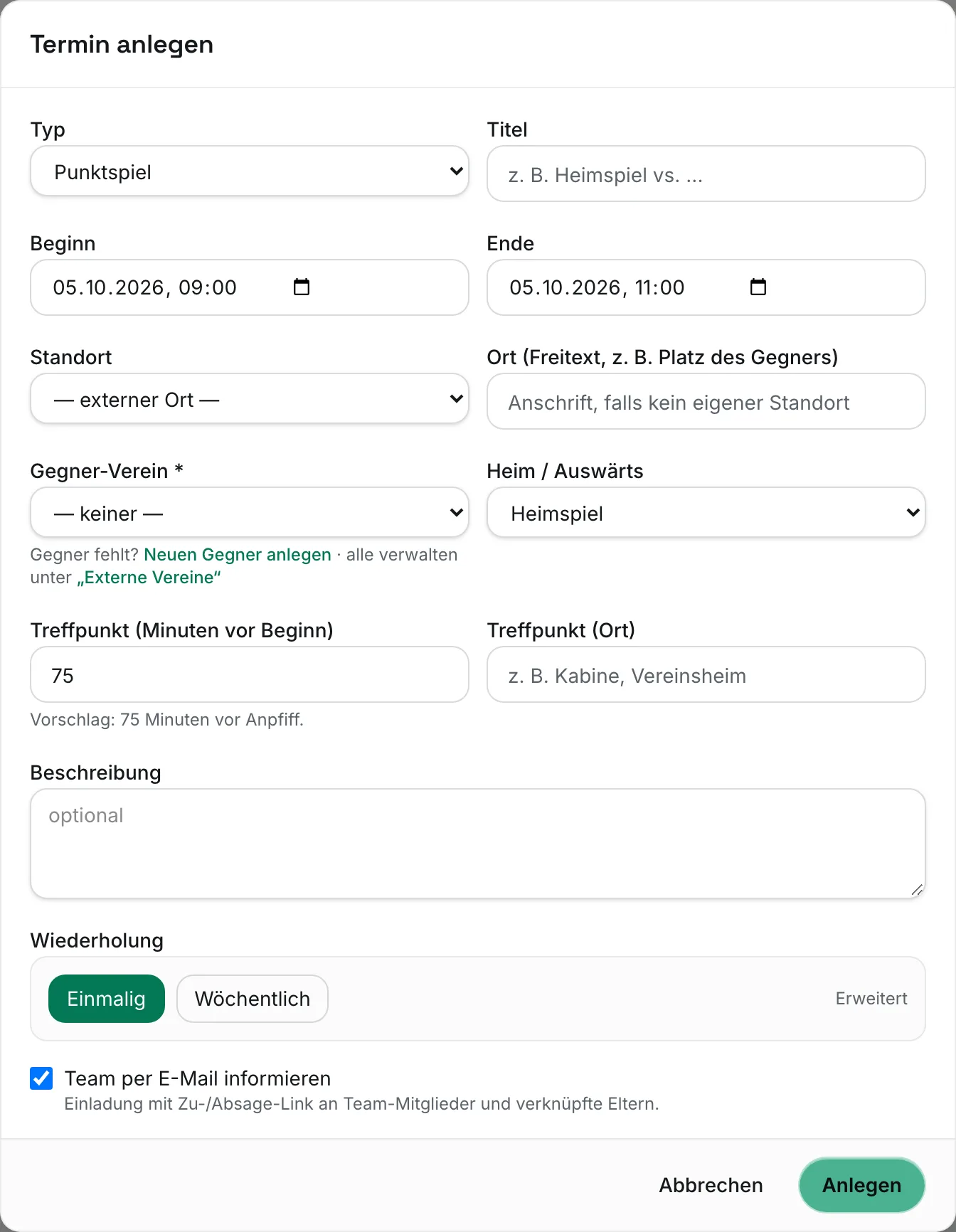 Formular „Termin anlegen“ für ein Punktspiel mit Gegner-Verein, Heim/Auswärts und Treffpunkt