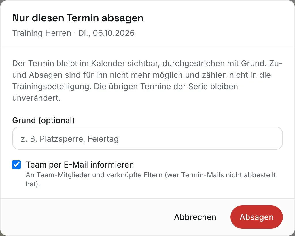 Dialog „Nur diesen Termin absagen“ mit Grund und E-Mail-Benachrichtigung