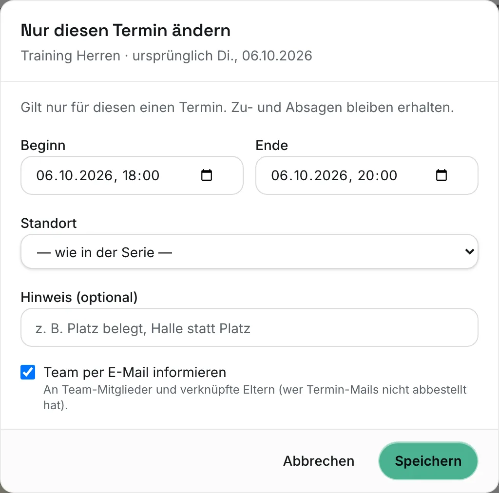 Dialog „Nur diesen Termin ändern“ mit Beginn, Ende, Standort und Hinweis