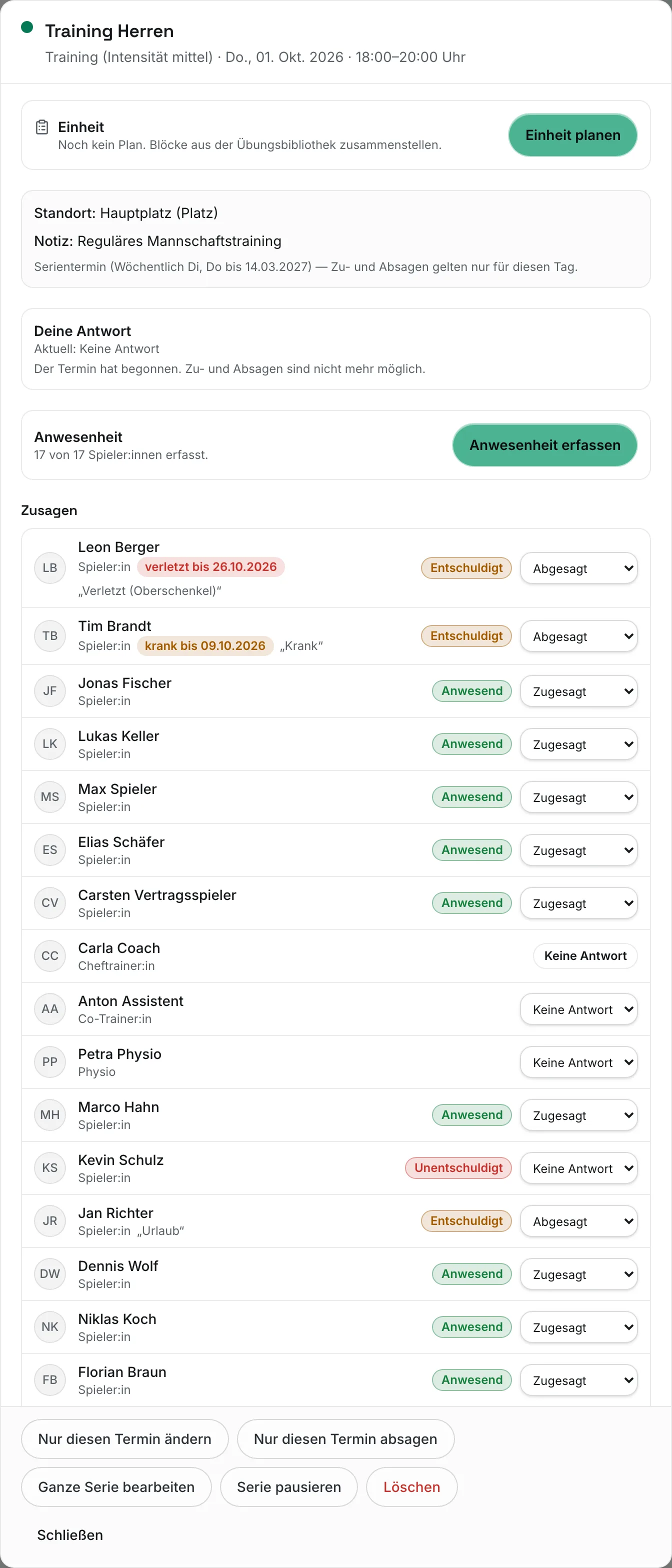 Termin-Details mit Kasten „Anwesenheit“ und der Liste „Zusagen“ aller Team-Mitglieder