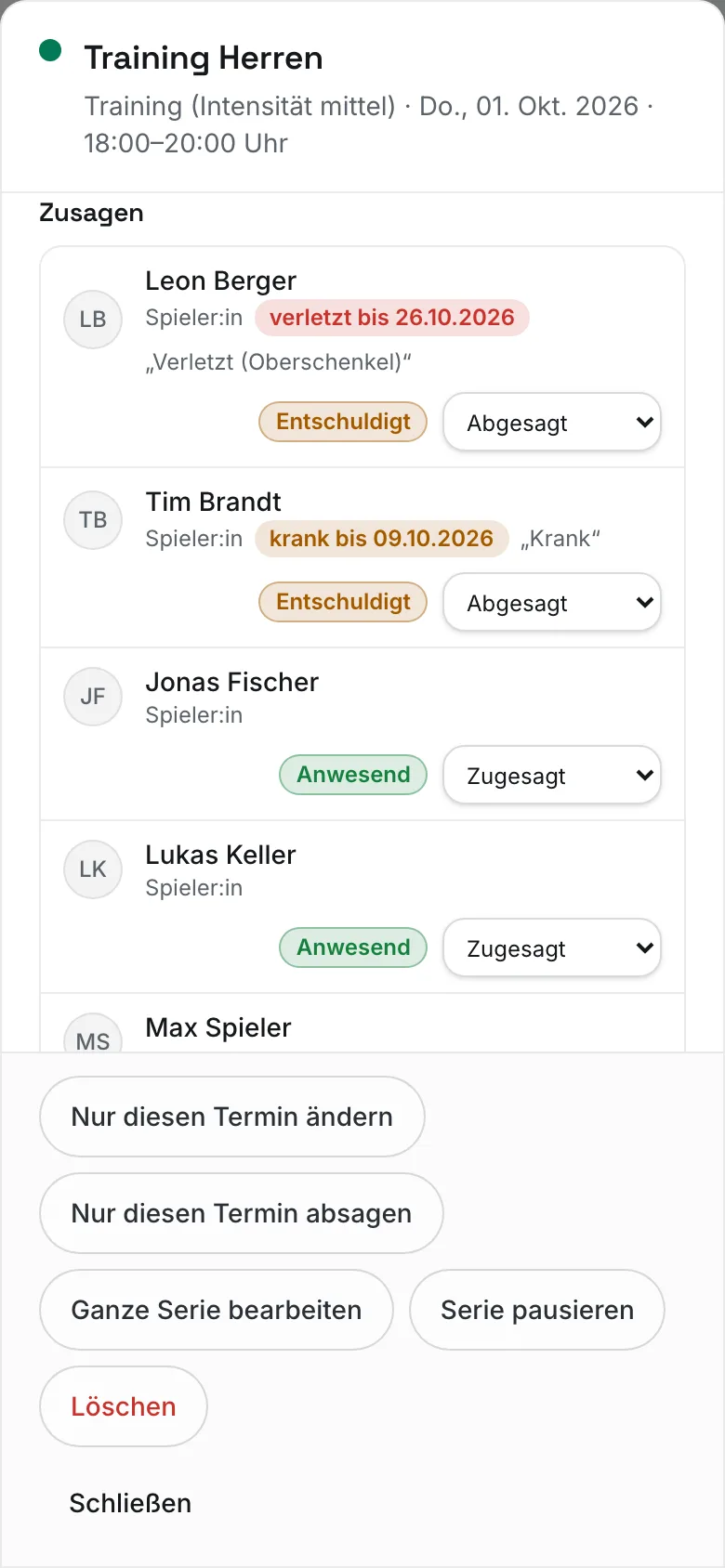 Termin-Details auf dem Smartphone mit Zusagen-Liste