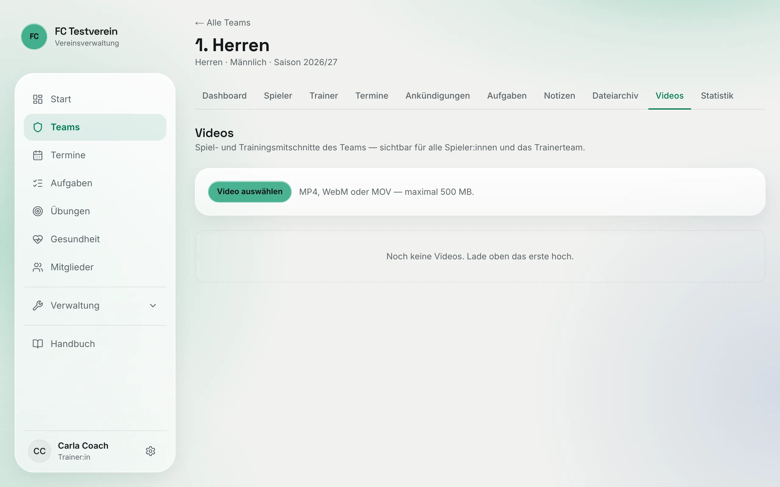 Reiter „Videos“ mit dem Upload-Bereich „Video auswählen“