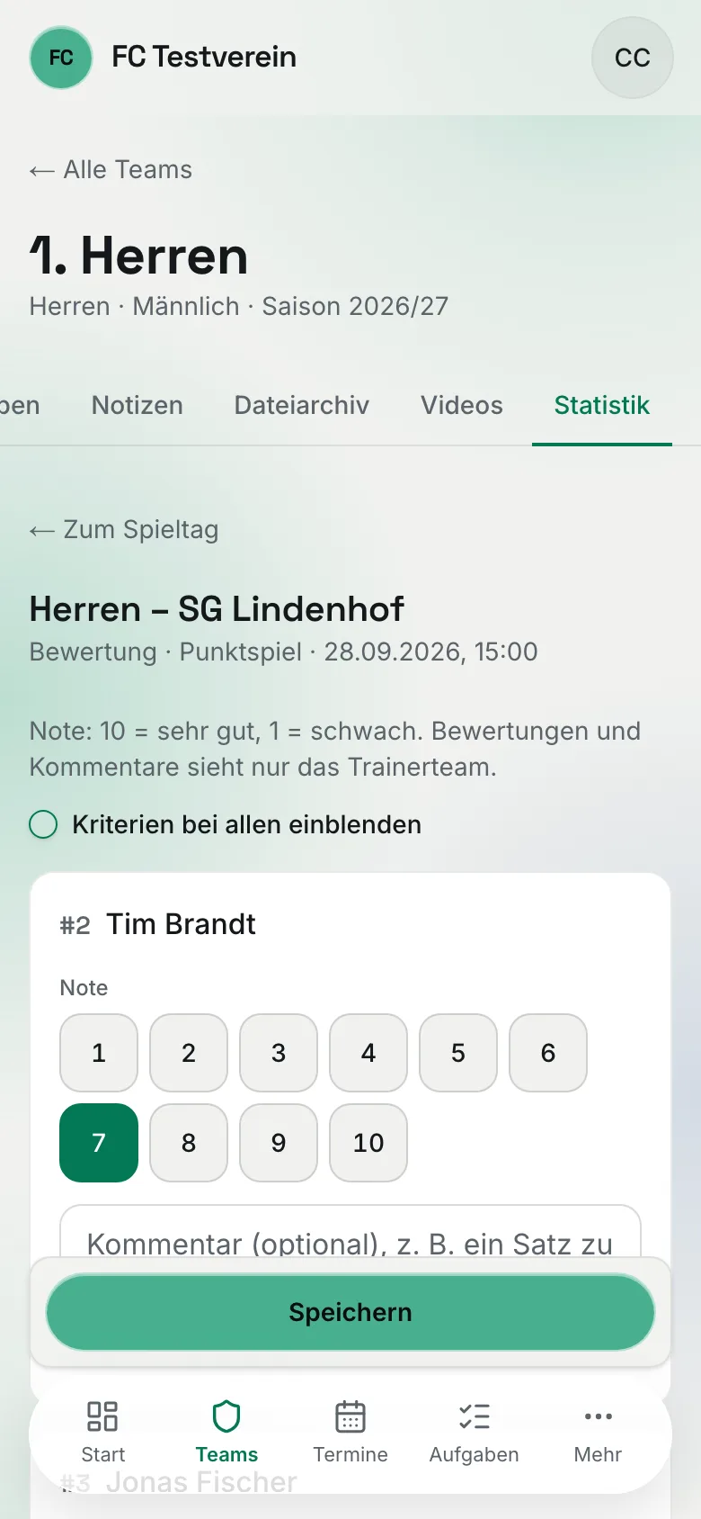 Bewertung am Handy: große Noten-Chips zum Antippen, Kommentarfeld darunter