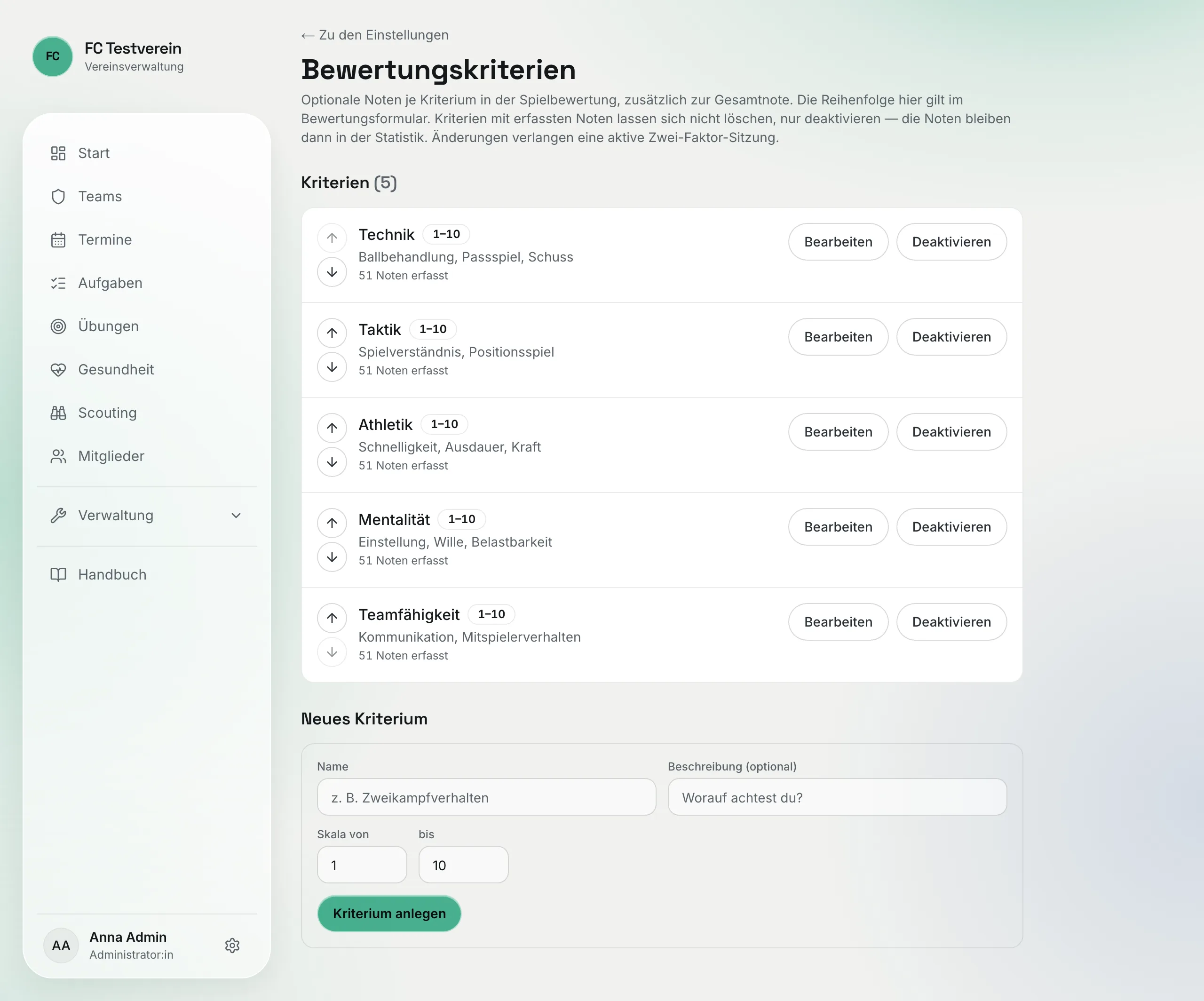 Seite „Bewertungskriterien" mit der Liste der Kriterien (Skala, Anzahl erfasster Noten, Pfeile zum Sortieren, „Bearbeiten", „Deaktivieren") und dem Formular „Neues Kriterium"