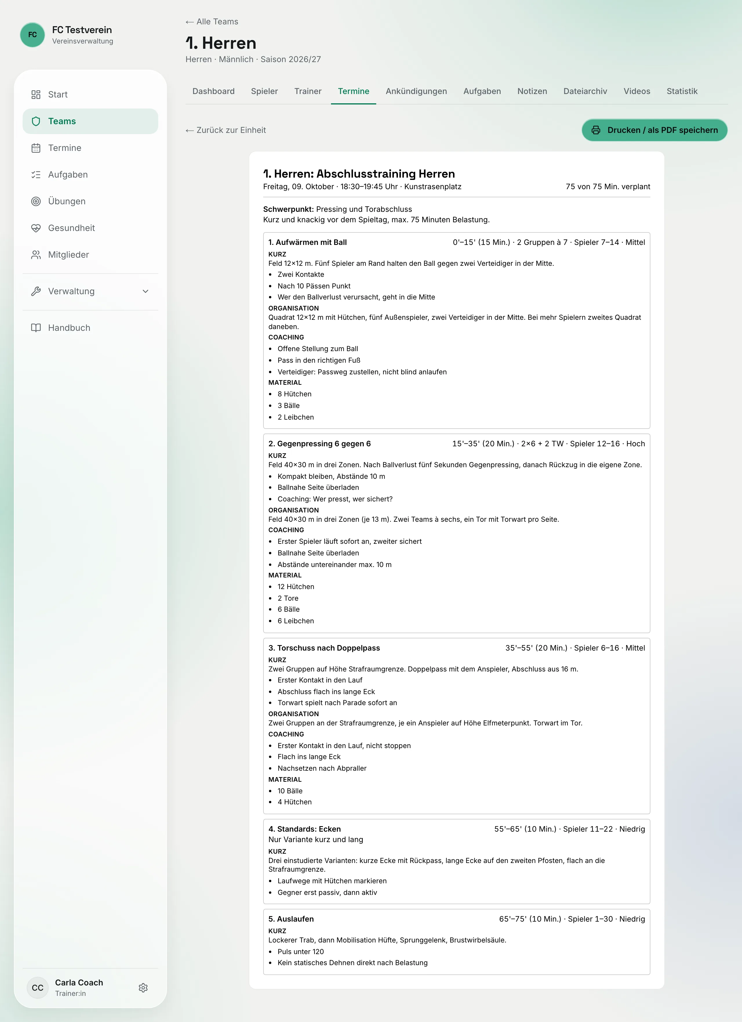 Druckansicht der Einheit mit nummerierten Blöcken, Minutenfenstern und den Abschnitten Kurz, Organisation, Coaching und Material