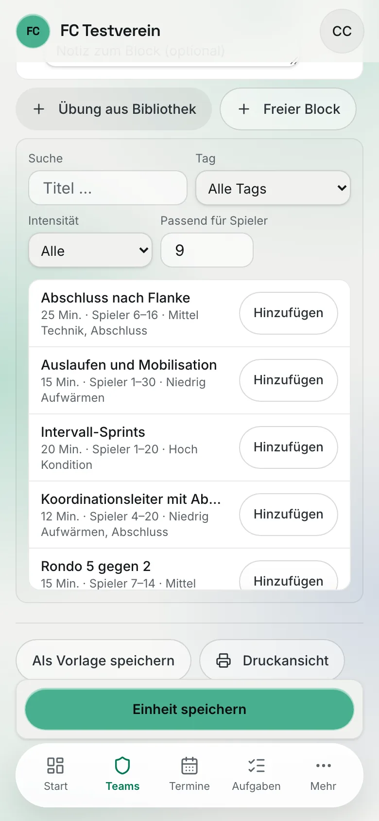 Planer am Handy mit geöffneter Übungsauswahl: Suche, Tag, Intensität, „Passend für Spieler" und Liste mit „Hinzufügen"-Buttons