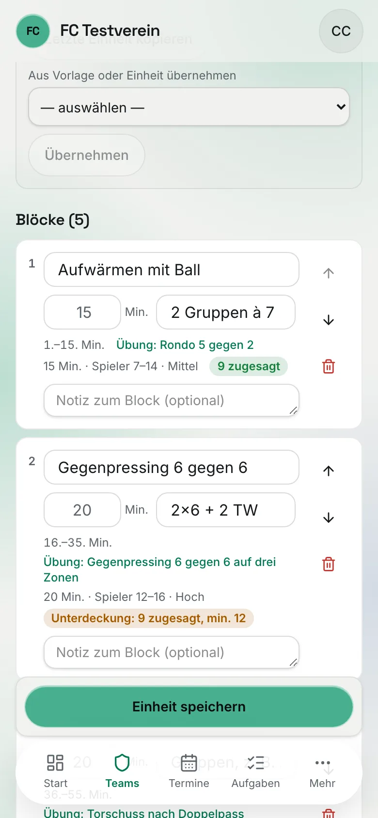 Planer am Handy: die Auswahl „Aus Vorlage oder Einheit übernehmen" in voller Breite, unten über der Tab-Leiste der Button „Einheit speichern"