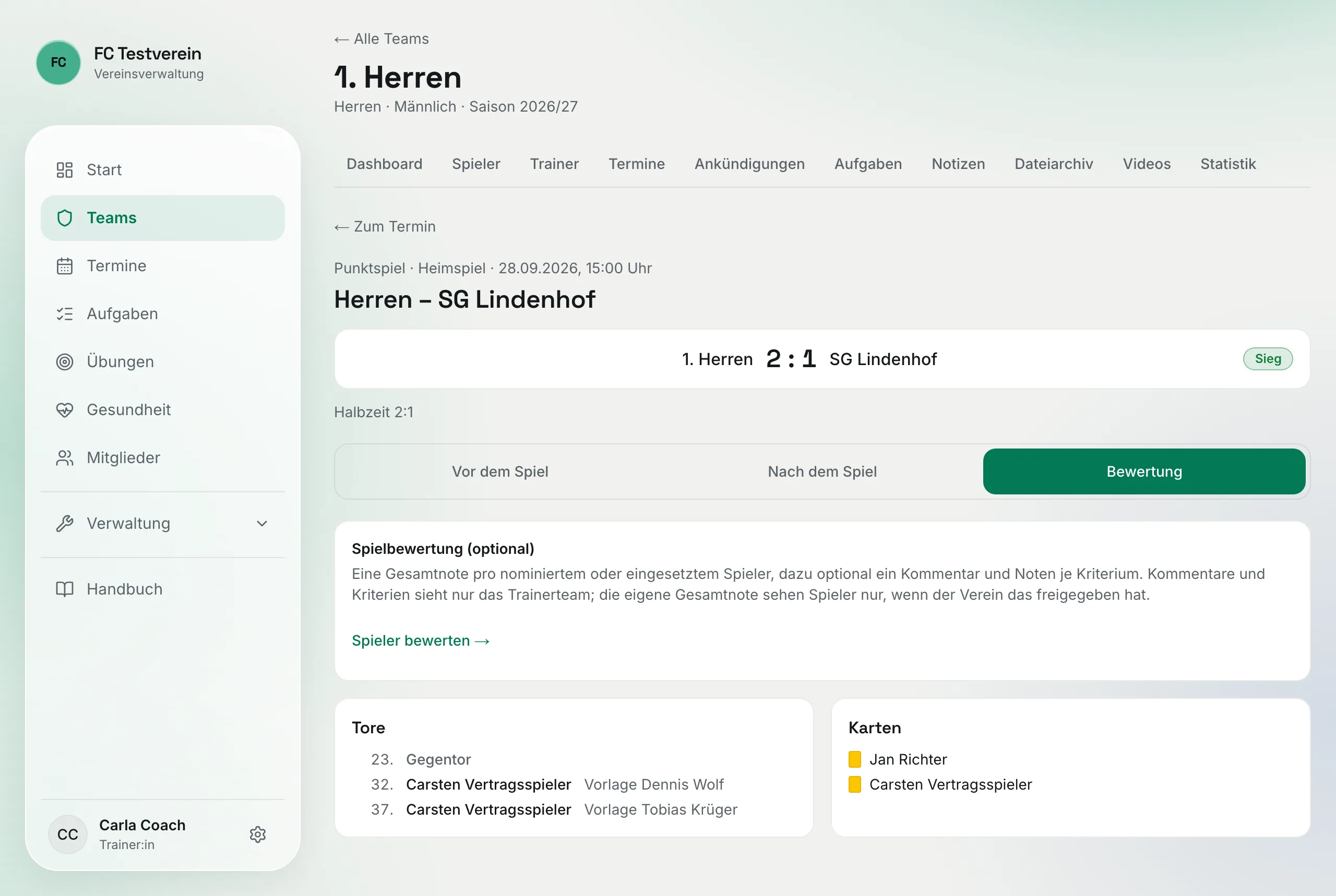 Reiter „Bewertung" im Spieltag mit dem Kasten „Spielbewertung (optional)", dem Link „Spieler bewerten" und den Übersichten Tore und Karten