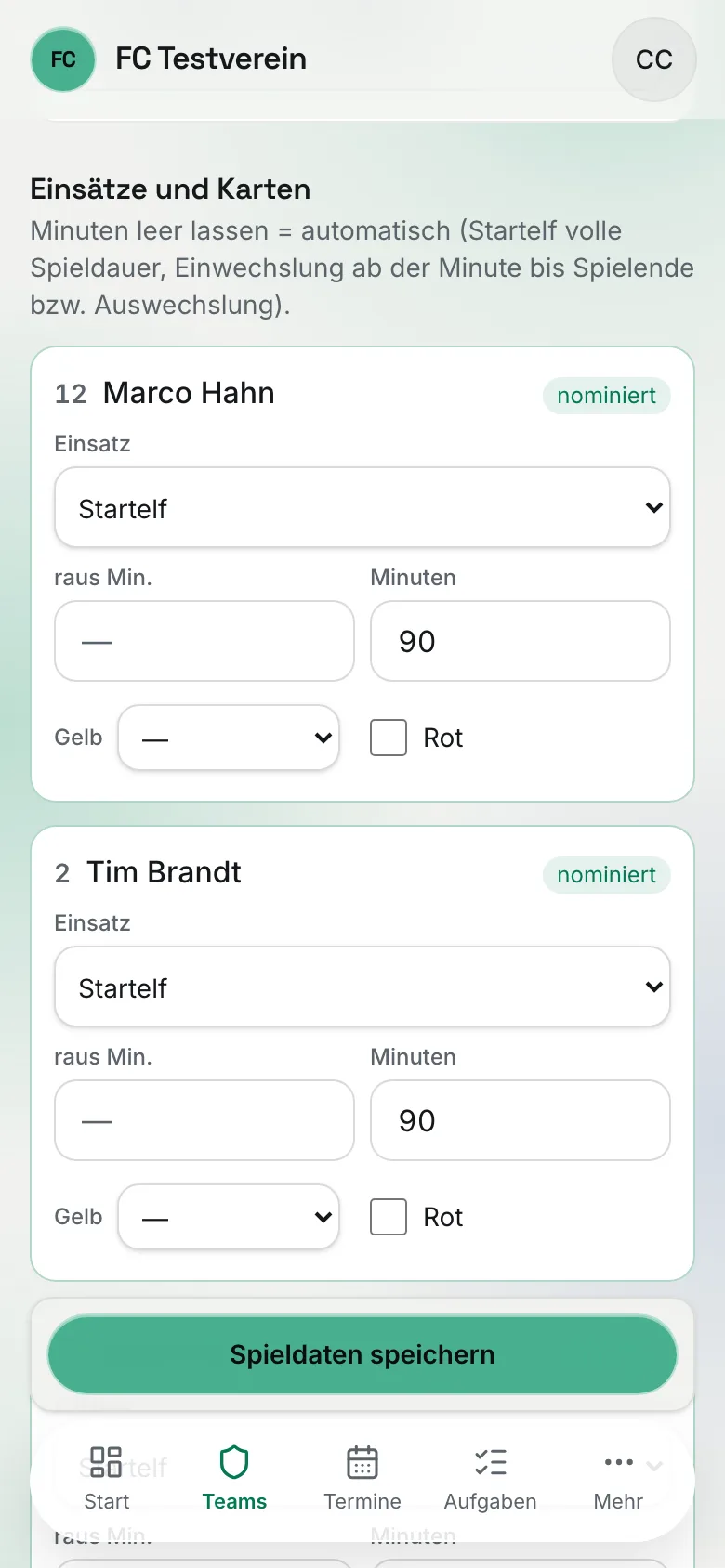 Einsätze am Handy: Karten pro Spieler mit Einsatzart, Minuten, Gelb und Rot