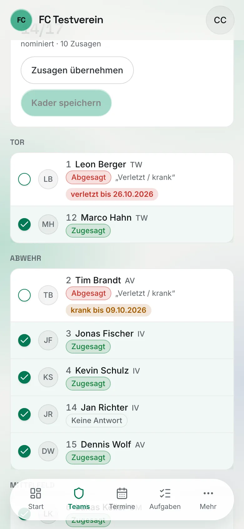 Spieltag am Handy: Zähler mit „Zusagen übernehmen" und „Kader speichern" und die Kader-Checkliste mit großen Tipp-Zeilen